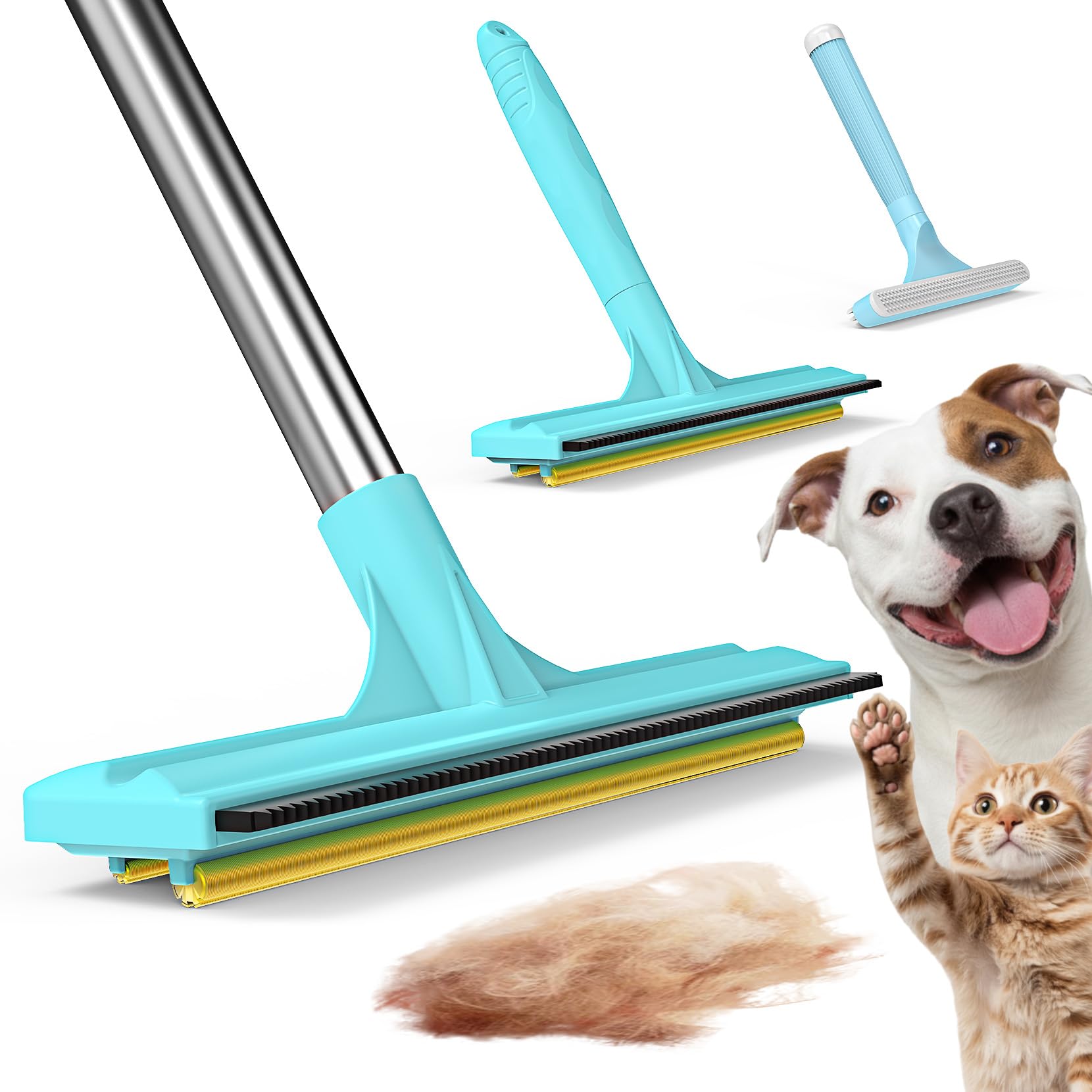 3-in-1 Carpet Rake for Pet Hair Removal, Upgraded Rug Scraper with 61" Thickened Handle & 10" Handheld Grip, Dual-Metal 