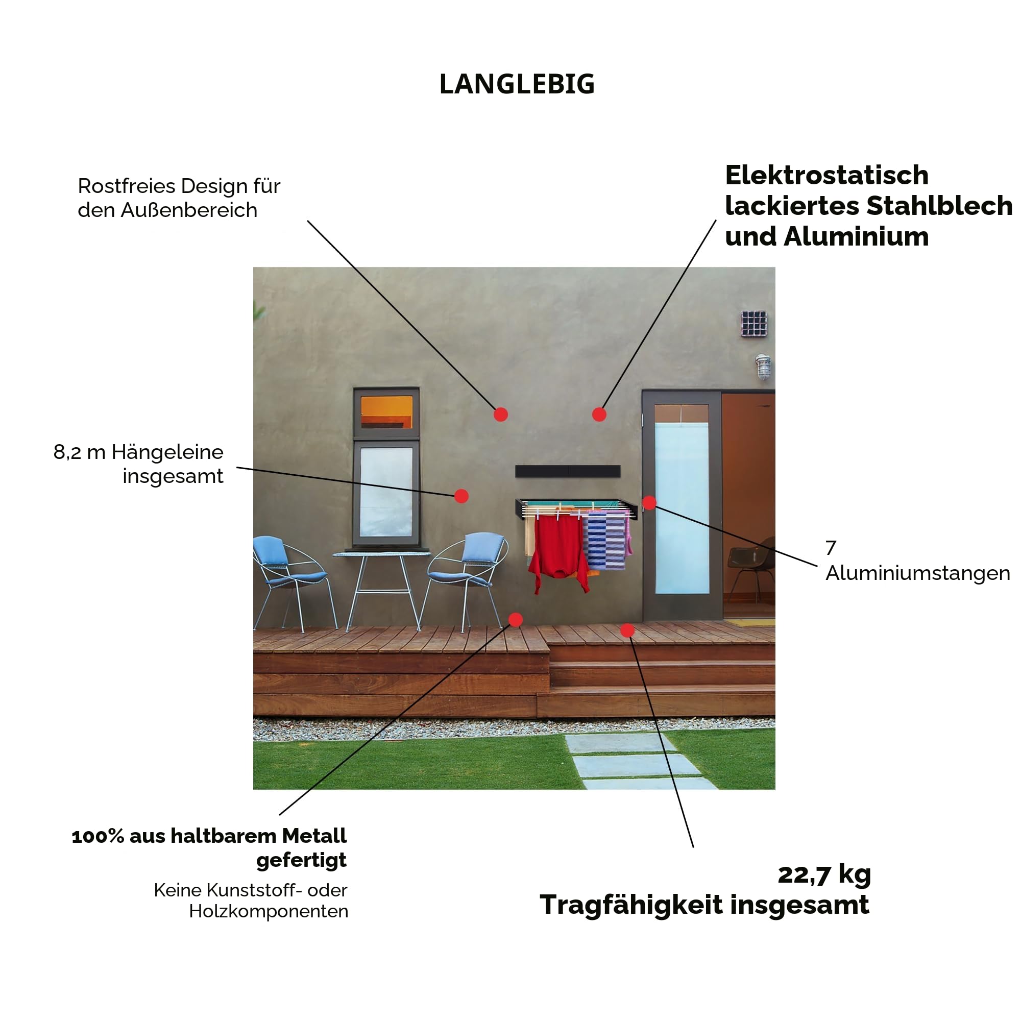 Step Up Vertical Wäscheständer - wandmontiert - ausziehbar - Wäscheständer klappbar, faltbar für drinnen oder draußen - platzsparendes, kompaktes Design, 8.4 m Leitung (120 cm - Industrielles Grau)