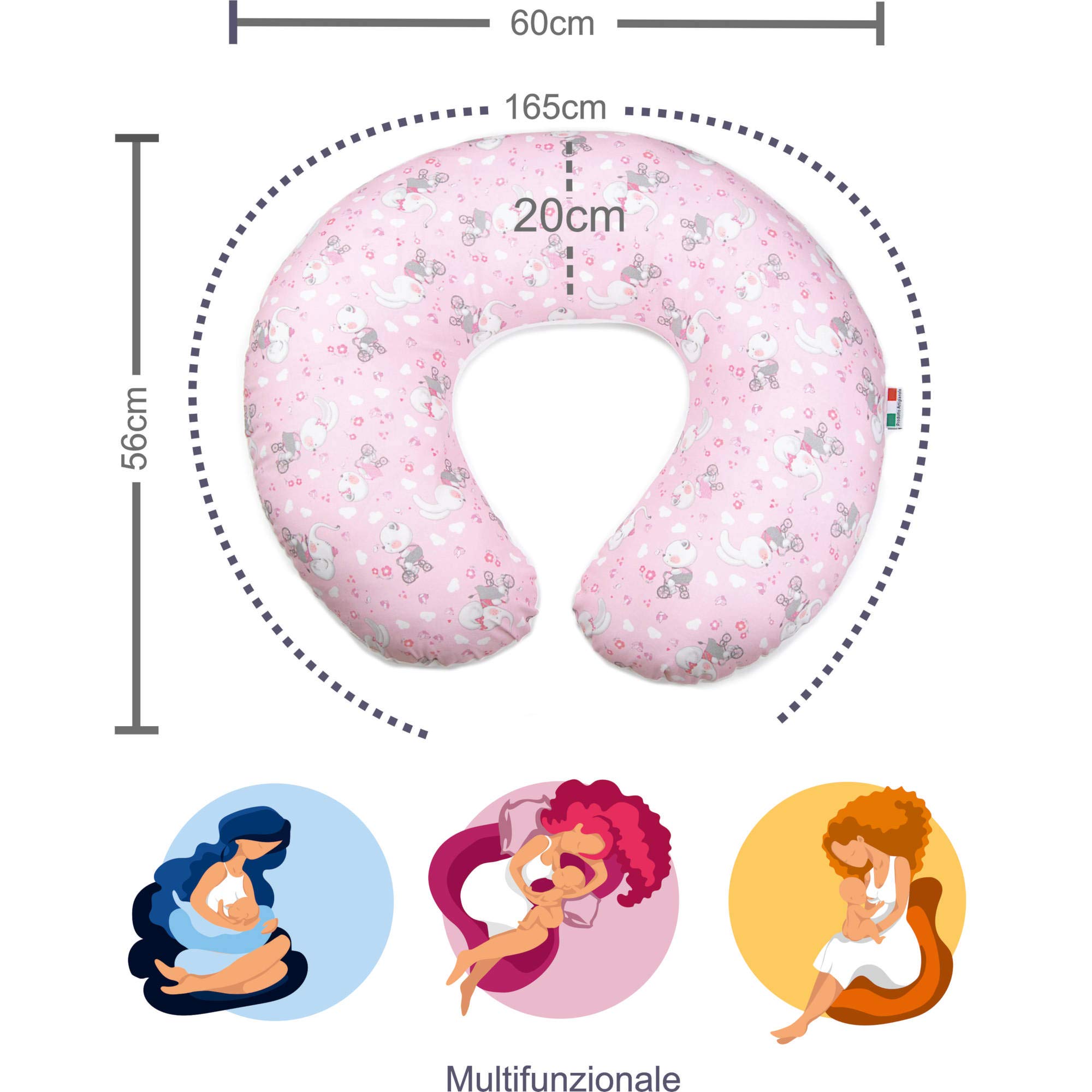 Babysanity Cuscino Allattamento Kikka Gravidanza Neonato XXL con Federa Esterna 100% Cotone Alta Qualità Sfoderabile per le Future Mamme Pratica Borsa Viaggio Made In Italy (Animaletti Rosa)