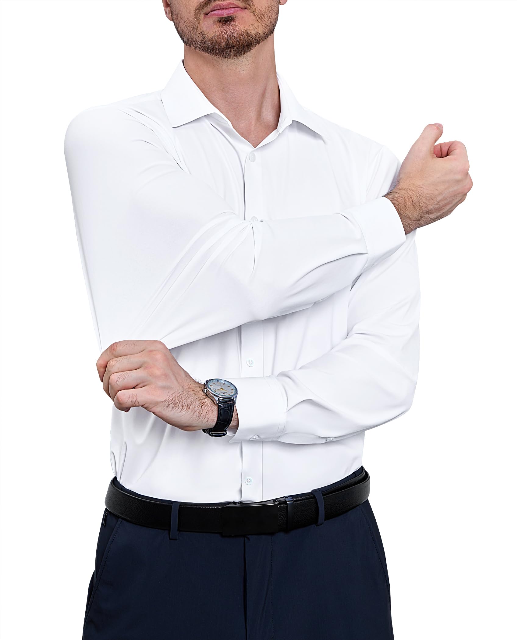 DEMEANOR Camicia da uomo a maniche lunghe elasticizzata slim fit casual business senza stiratura, M