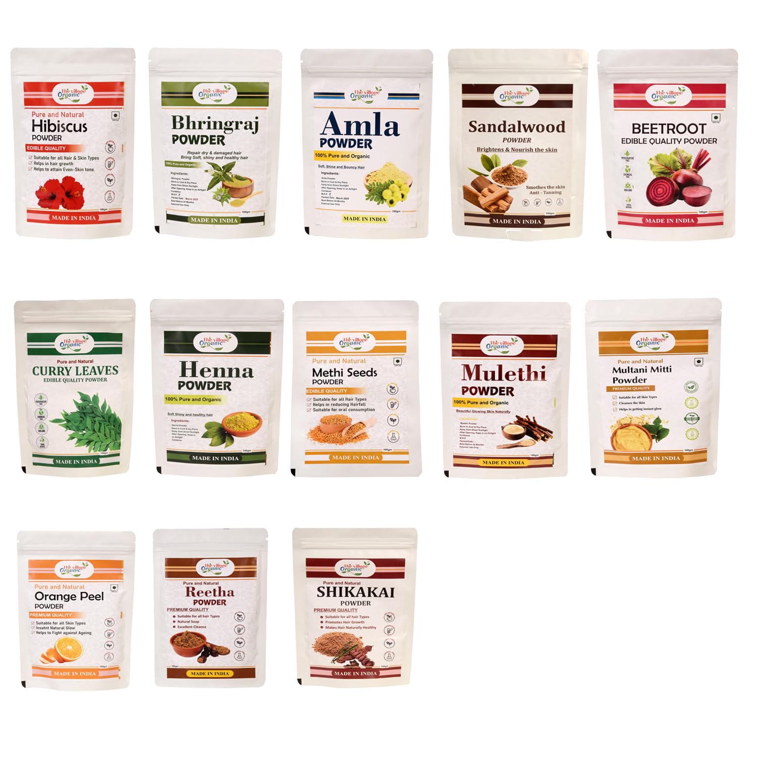 13-in-1 Herbal Powder Combo for Skin & Hair Care | Amla, Mulethi, Multani, Orange Peel, Bhringraj, Beetroot, Methi, Hibiscus, Reetha, Sandalwood, Curry Leaves, Shikakai, Heena - 50g Each-image-3