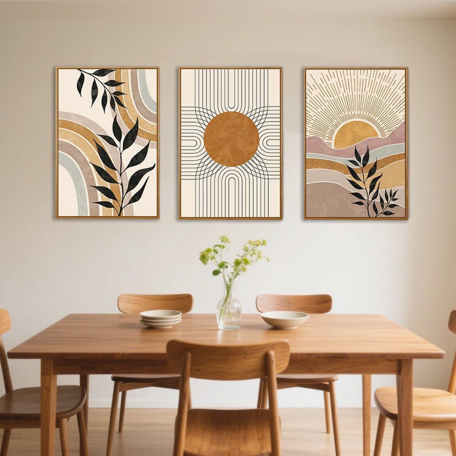 TOARTi Boho Framed Canvas Wall Art Prints,Set of 3 Mid Century Modern Wall Decor,Nature Plants Desert Sun Art Paintings,Bohemian Artwork for Living Room,Bedroom,Dining Room,Office - 16x24inchx3 — view 6