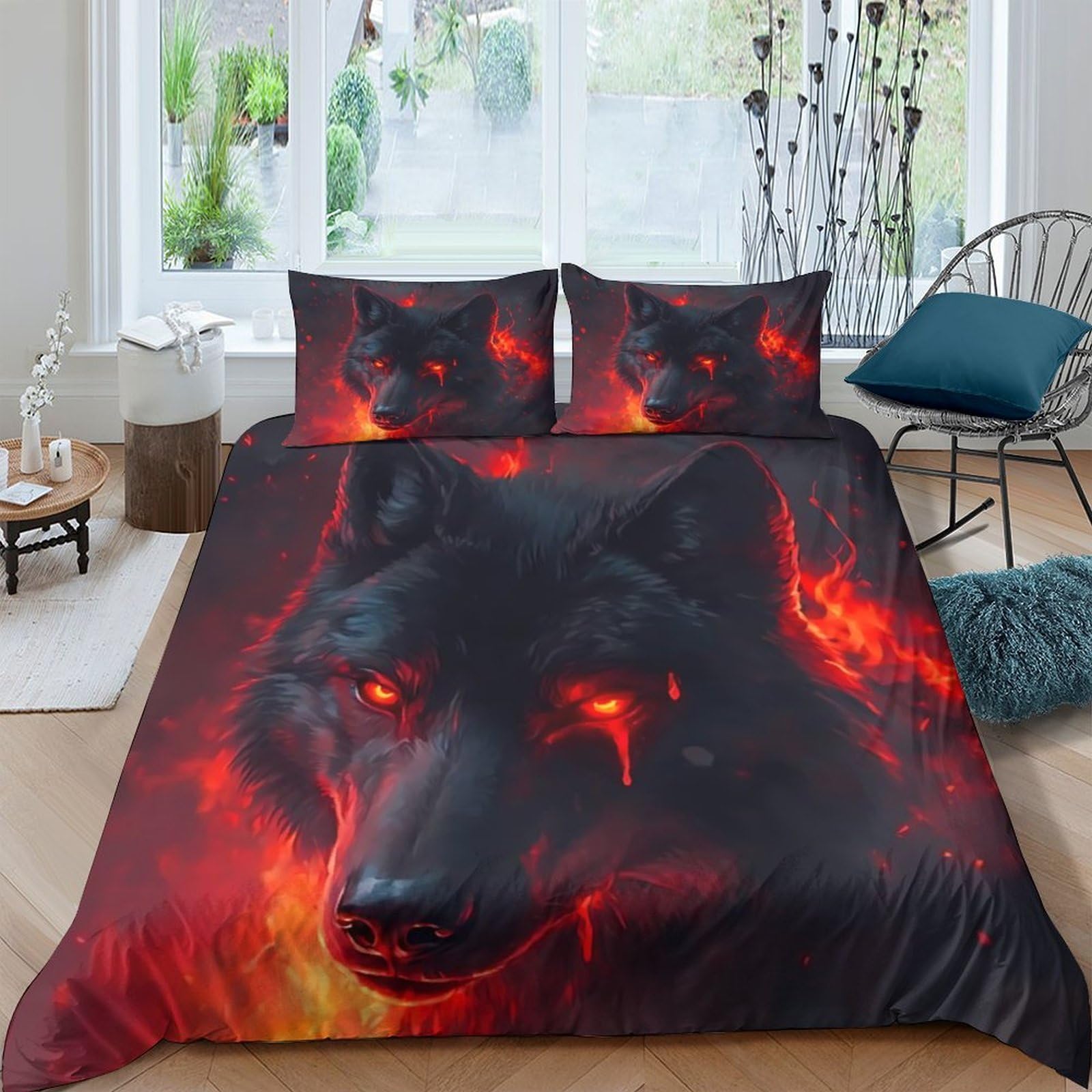 Ctjqhvkz Style-5 3D Printed Fiery Wolf Fitted Sheet Microfiber Soft Breathable Dark Flame Bed Cover For Bedroom Guest Room Home Decor Single（135X200cm）