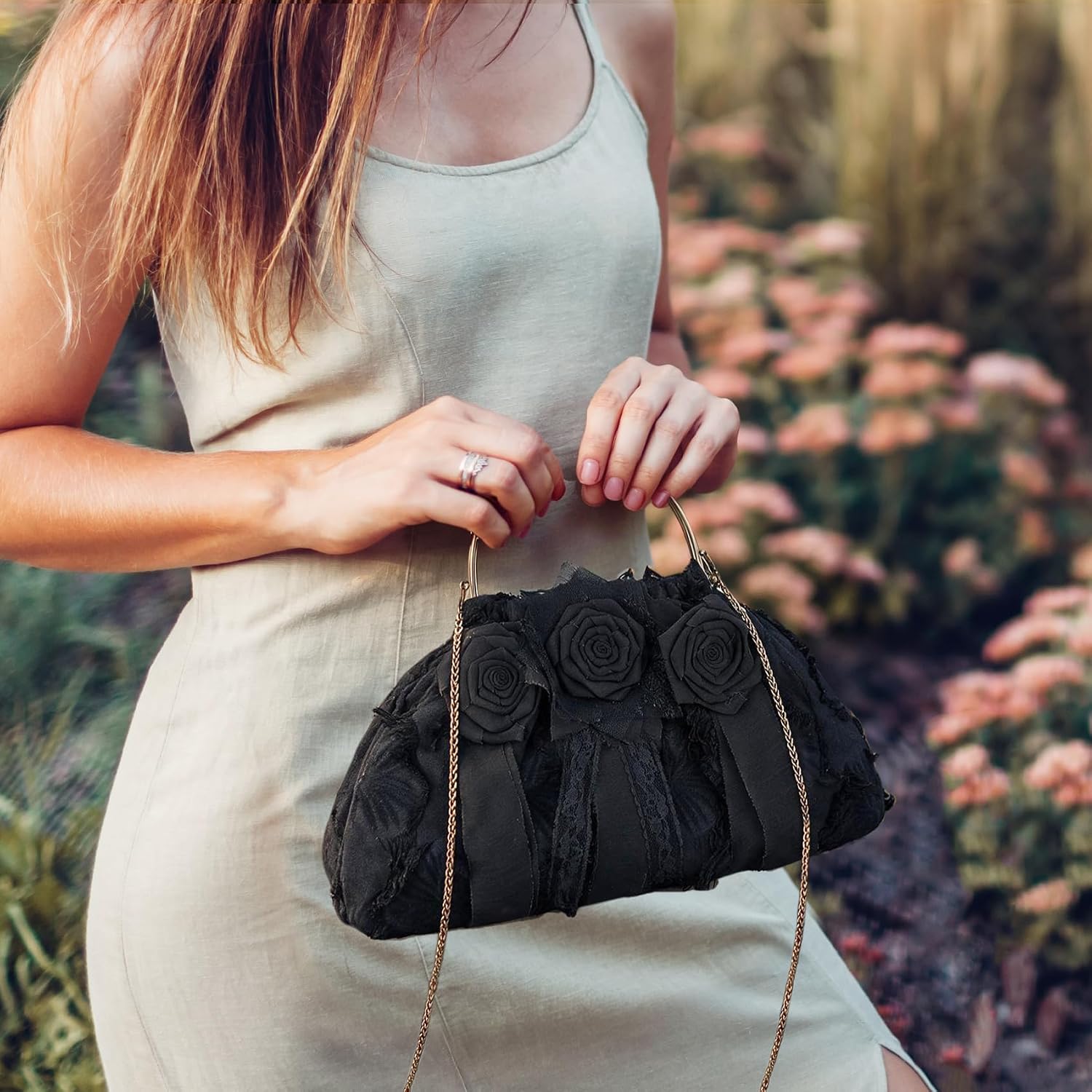 Boho Purses Bags for Women Hand Vintage Clutch Flower Handbag Kiss‑Lock