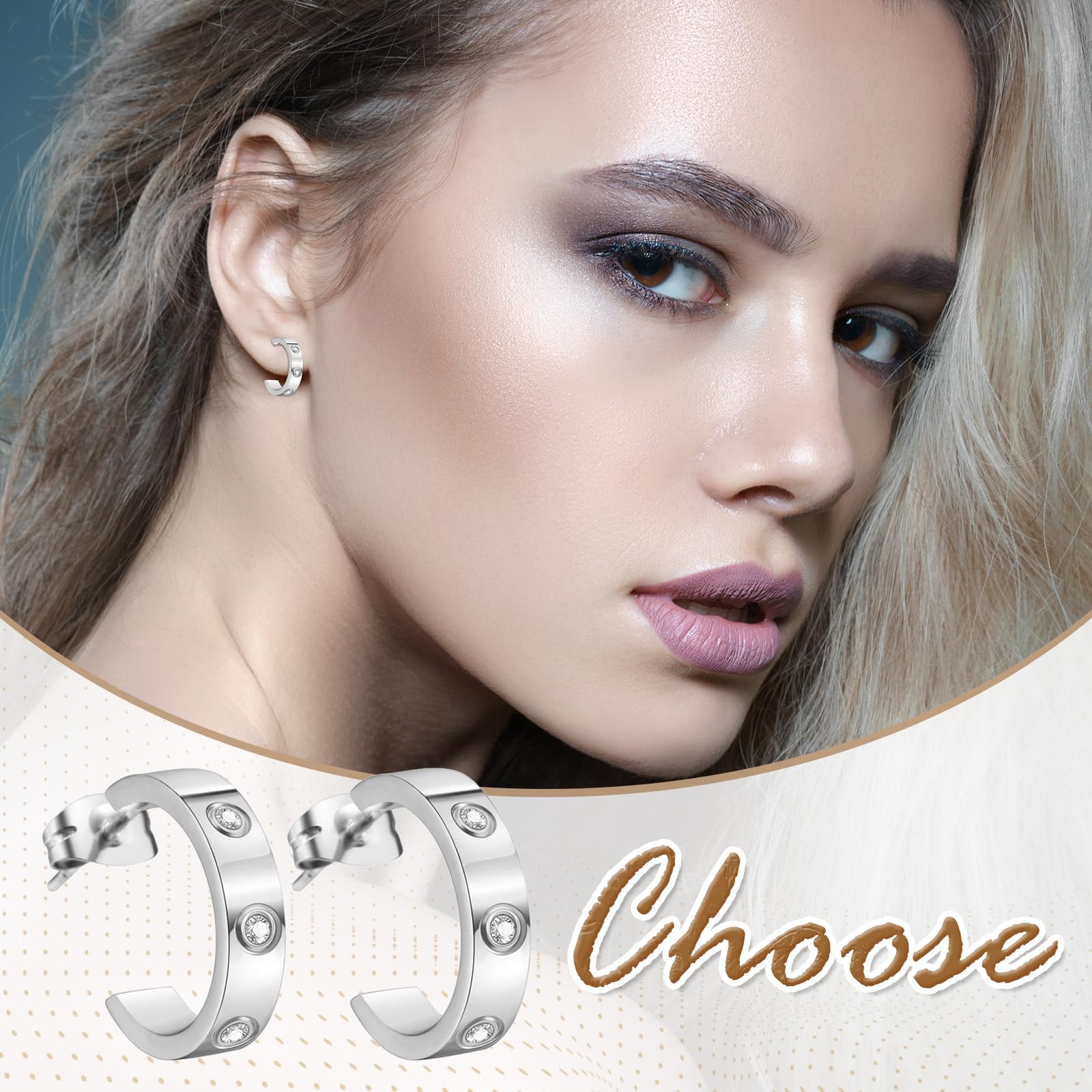 Flongo Womens Hoop Stud Earrings: Cubic Zirconia Stainless Steel Piercing Huggie Hoop Earrings - Jewelry Gifts for Lady Wife Girl - Image 3