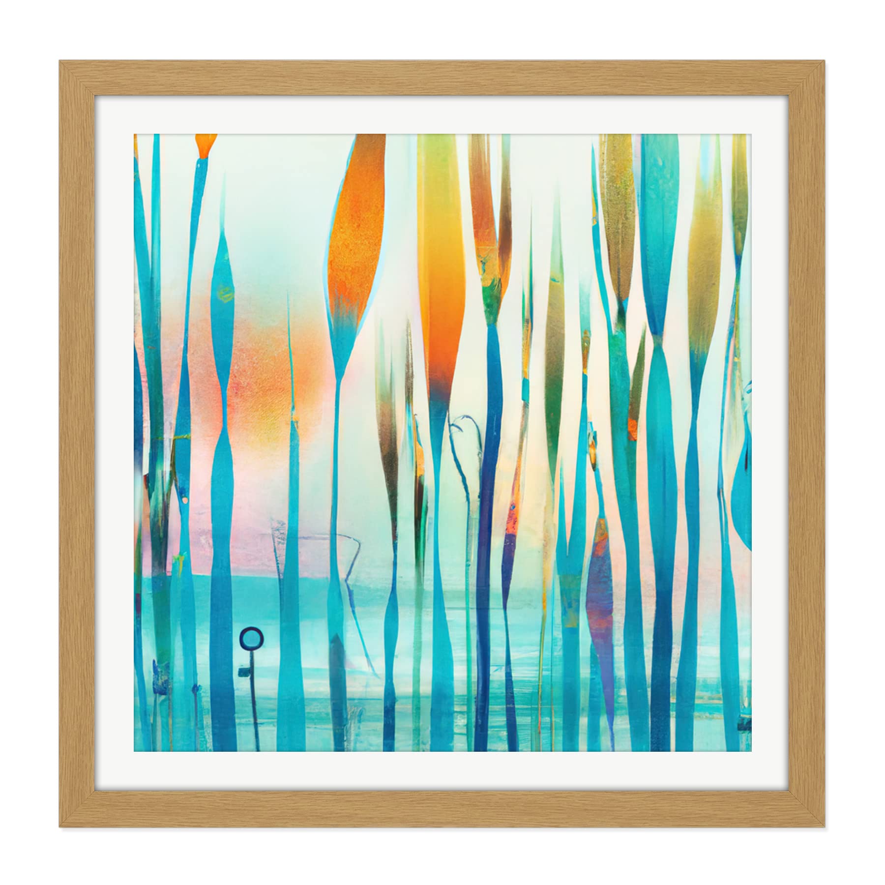 Artery8 Sunset Lake Reeds Pond Abstract Orange Teal Watercolour Painting Square Wooden Framed Wall Art Print Picture 16X16 Inch