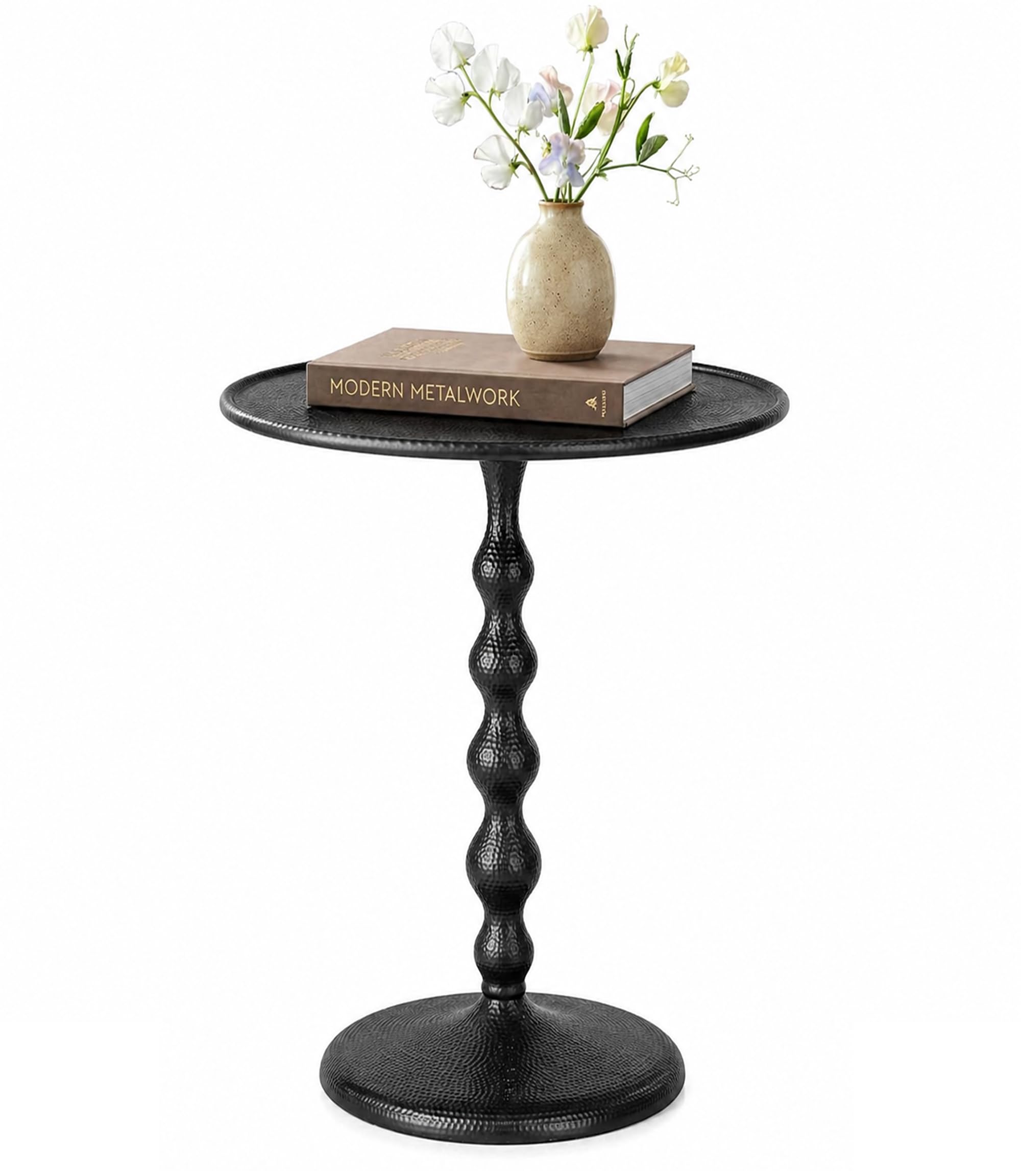Black Aluminum Side Table 15x22 Inch Hammered Round Pedestal End Stand
