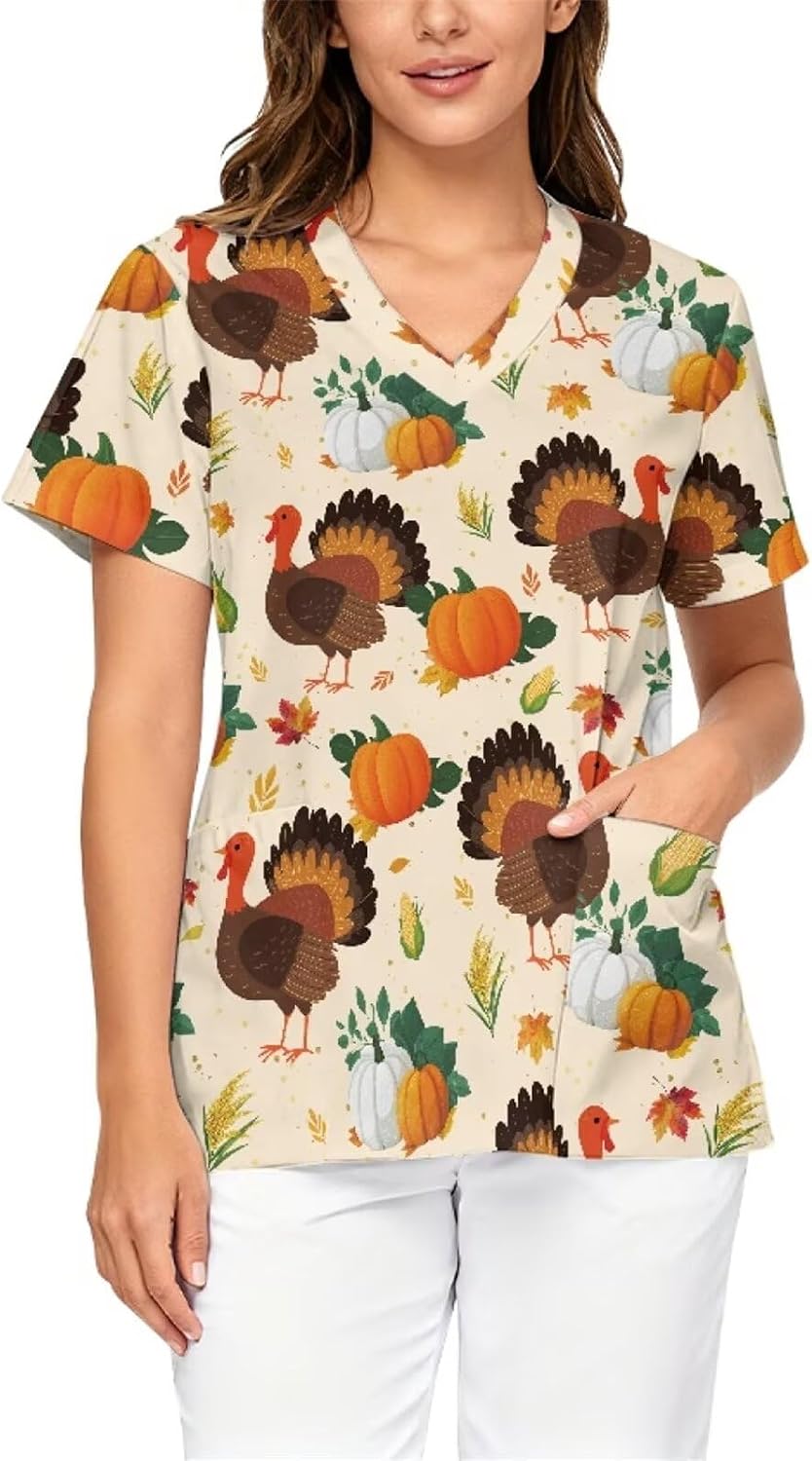 Women's Scrub Tops V Neck Floral Printed Medical Shirts with Pockets, Nursing Home Healthcare Uniforms Scrubs