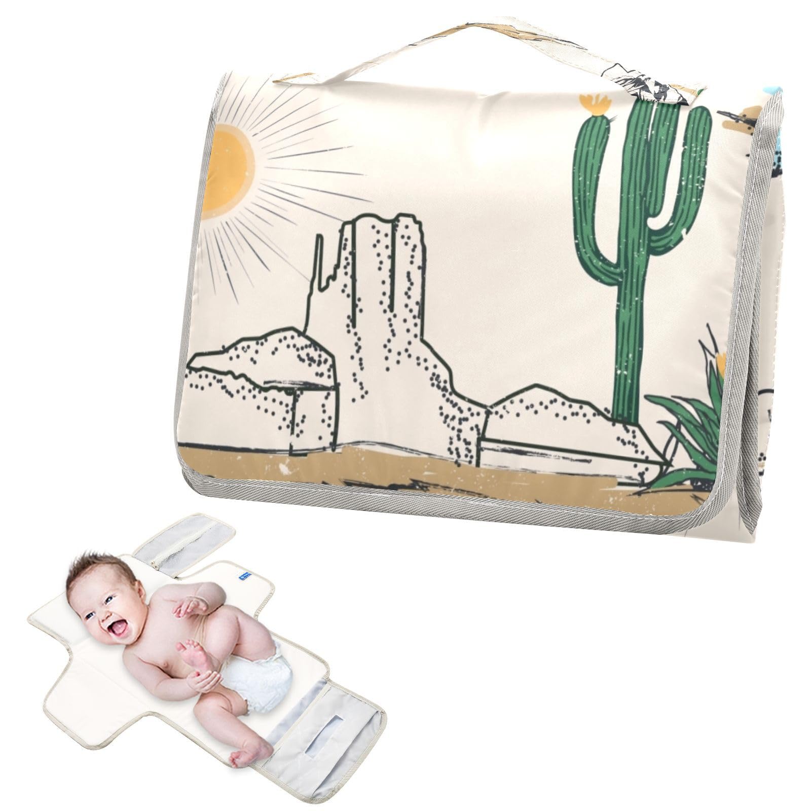 Diaper Changing Pad Western Desert Landscape Portable Diaper Clutch with Built-in Pillow Travel Changing Mat for Baby with Smart Wipes Pocket