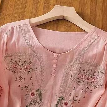 Embroidered Tops for Women Floral Cotton Linen Tunic Tshirt Peasant Tee Women 3/4 Sleeve V Neck Button Boho Ethnic
