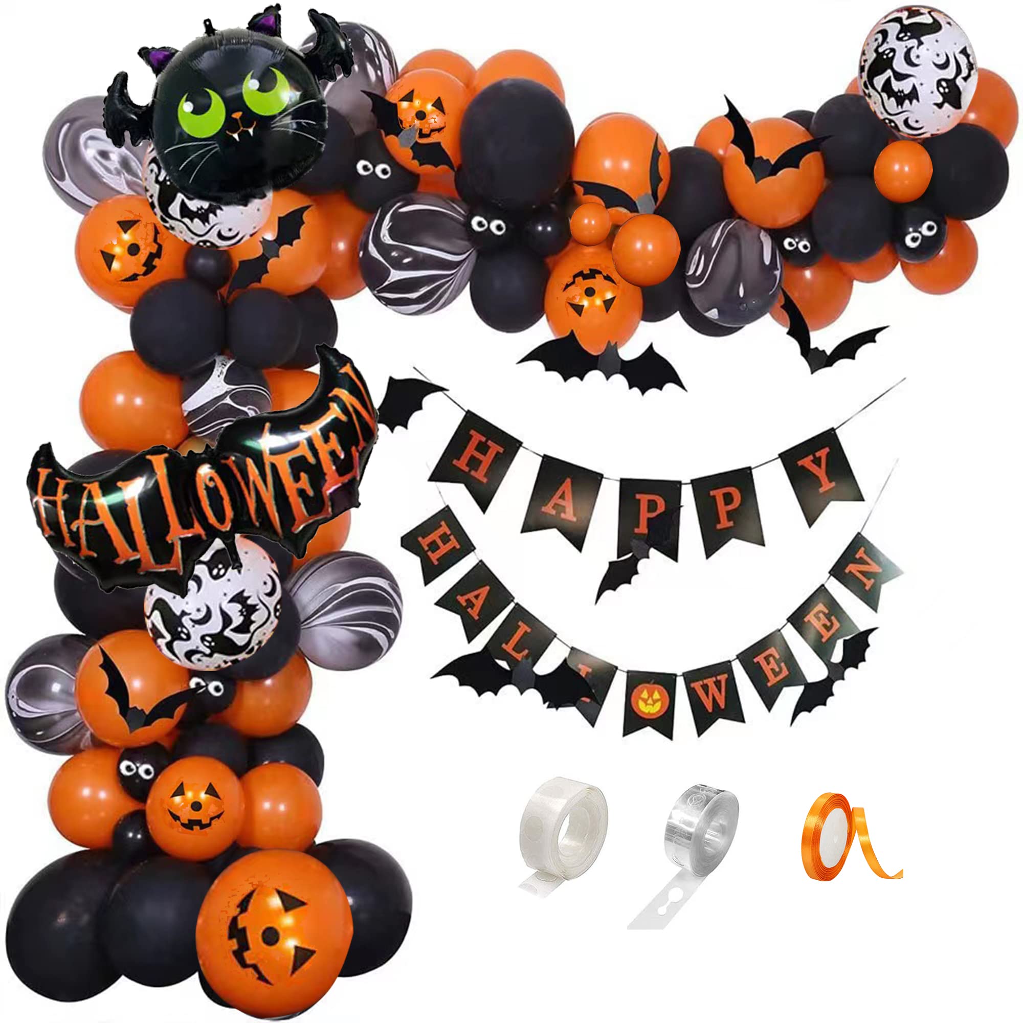 SANERYIHalloween Balloons Arch Garland Kit 138pcs Orange and Black Latex Balloon with Foil Balloons Banner Black Cat Bats for Halloween Theme Party Decorations