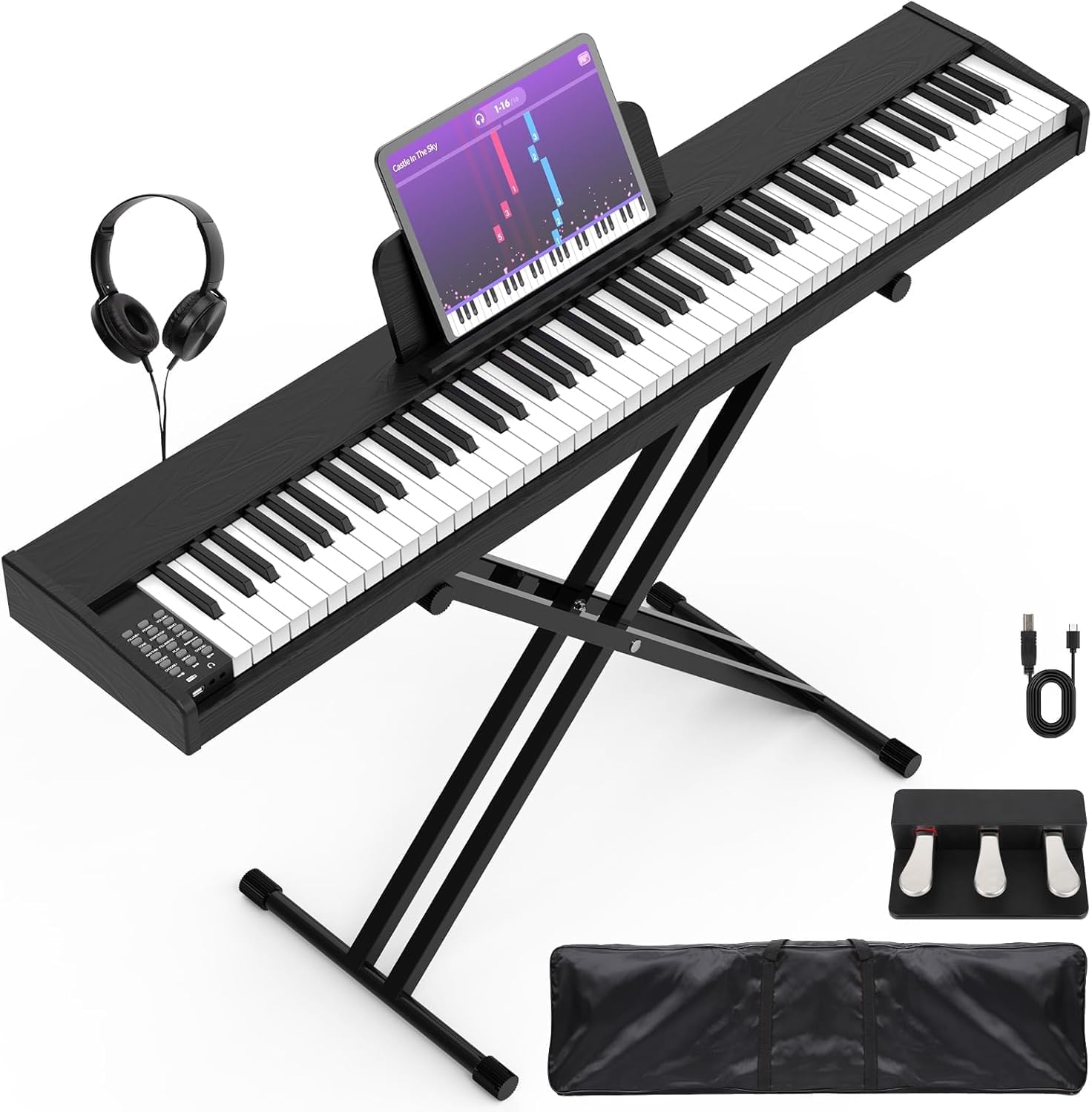 88 key digital piano keyboard,88 key full size weighted hammer action electric keyboard piano with 200 rhythms,200 tones, piano keyboard with stand, triplepedal,headphone, carrying bag