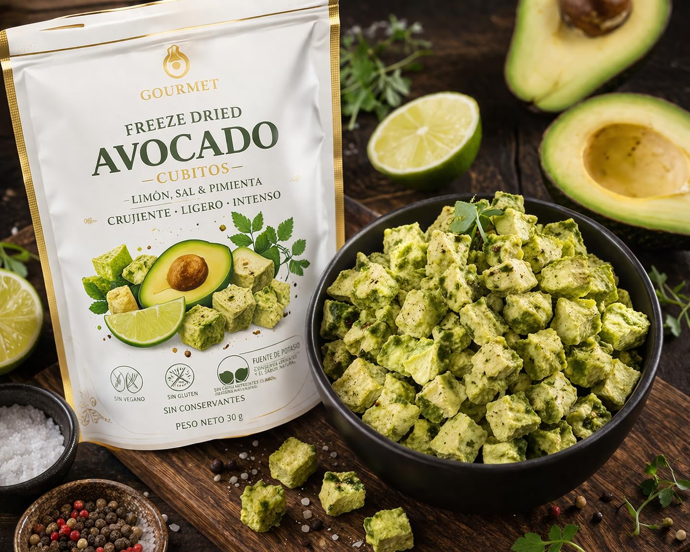 Gourmet Freeze-Dried Avocado Cubitos, Lemon Salt & Pepper Flavor, No Preservatives, 30g