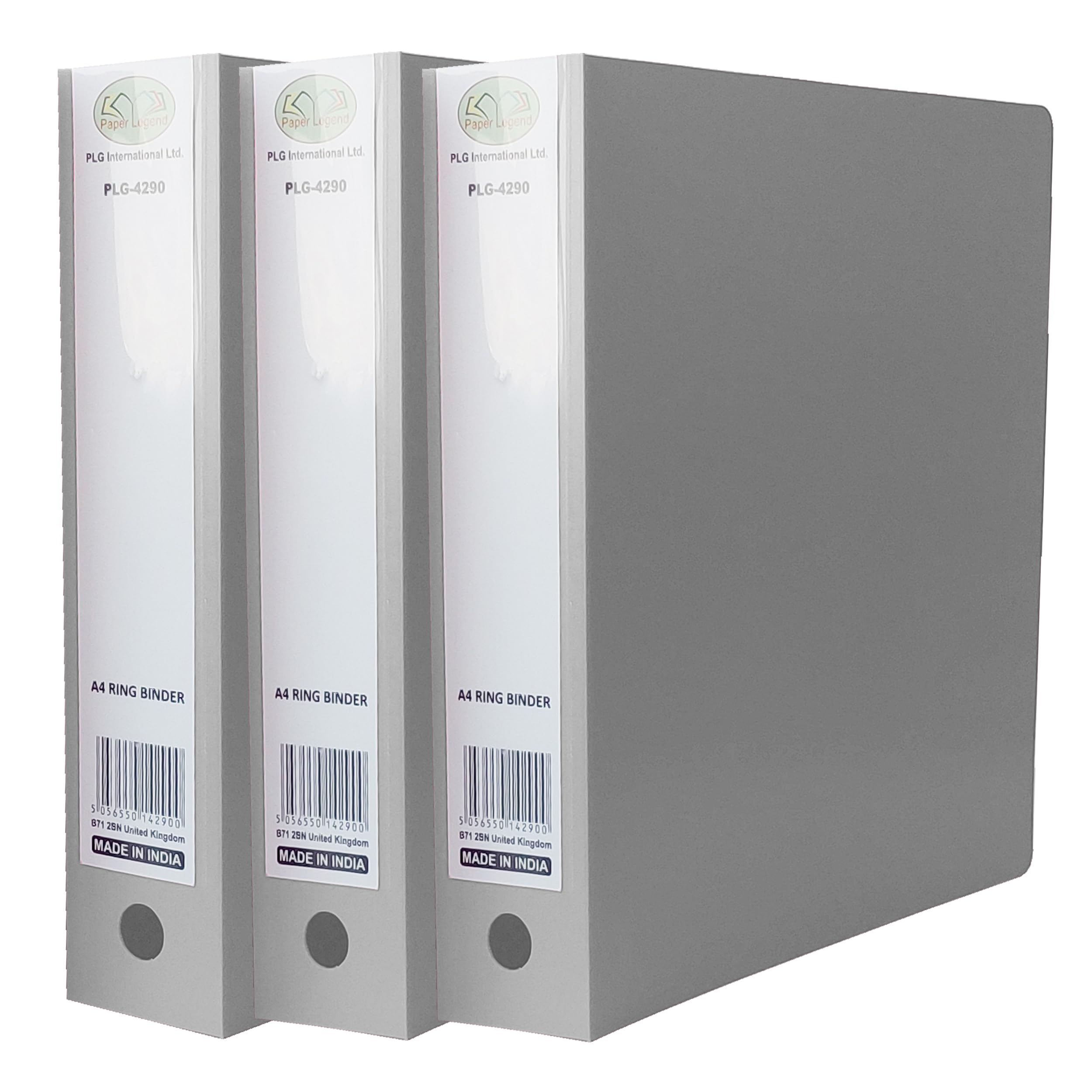 A4 Grey Ring Binder, 500 Sheet Capacity, 65mm Spine, 2 O- Ring Mechanism A4 Folder, Polypropylene Cover File, Finger Pull Home/Office Use Binders for Document Organisations (Set of 3)