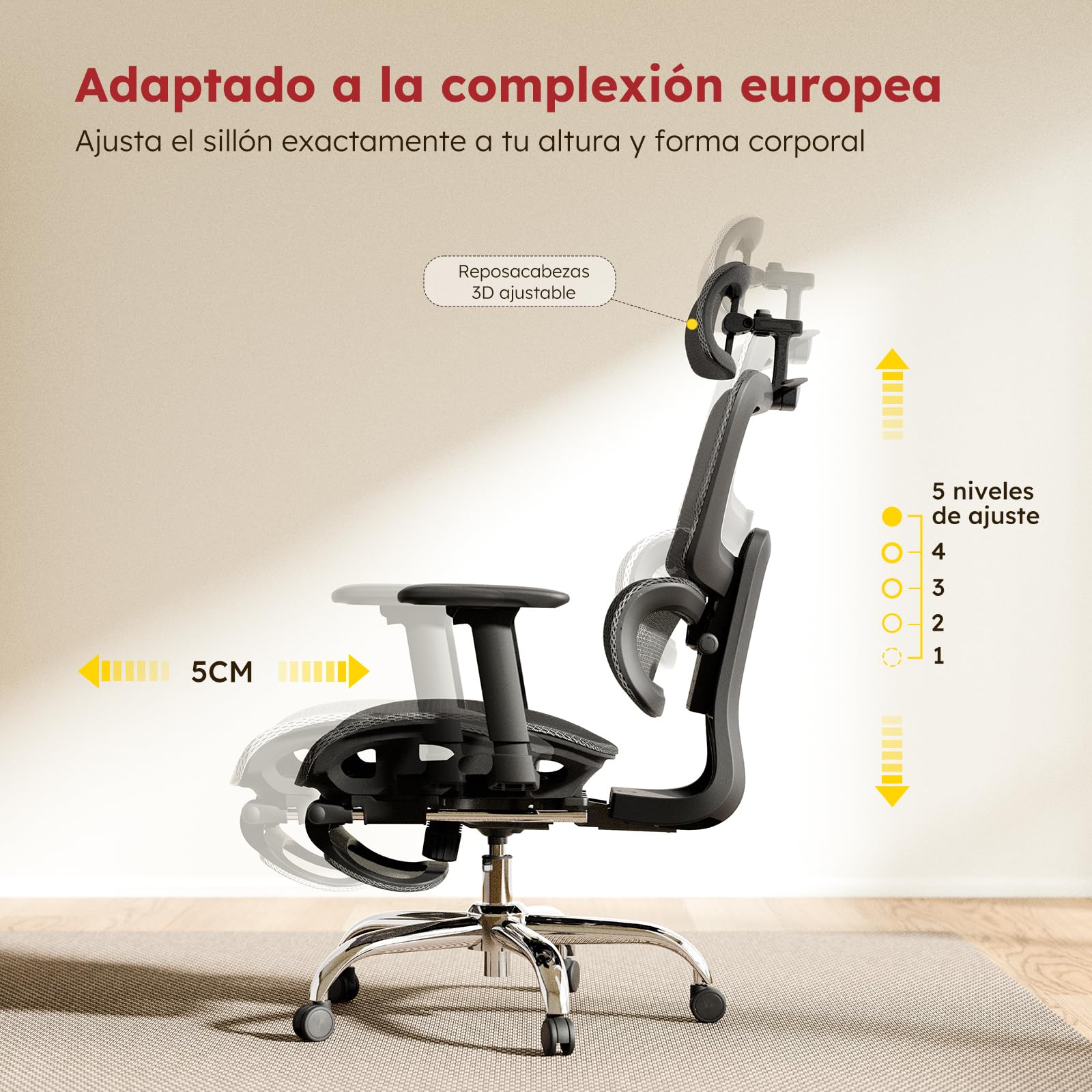 Silla de Oficina ergonómica con reposacabezas Ajustable, Soporte Lumbar y reposabrazos Plegables 3D, Silla de Ordenador con Ajuste de Altura y función basculante,Silla giratoria de hasta 150kg,Negro