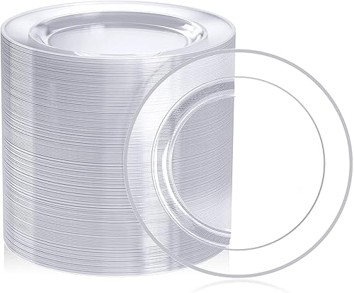 Miniatura 1 de FOCUSLINE 100 platos de plástico plateado transparente de 7 pulgadas, platos transparentes desechables resistentes con borde plateado, platos de