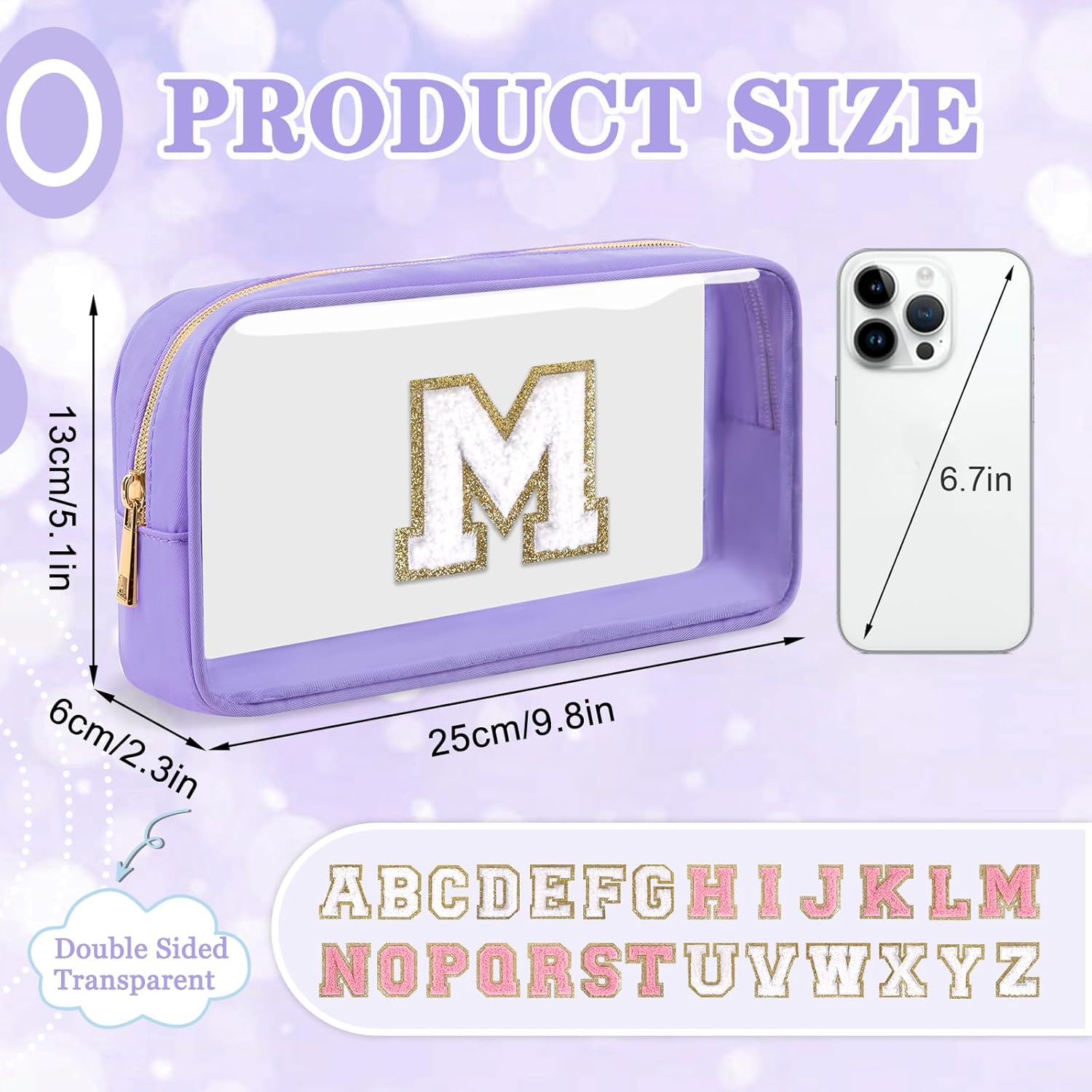 Small Clear Personalized Initial Makeup Bag,Nylon Preppy A-Z Chenille Letter Patch Cosmetic Pouch Beach Toiletry Bag,Waterproof Zip Travel Purse Storage Bag Organizer for Women Girls(Purple-White M) - Image 2