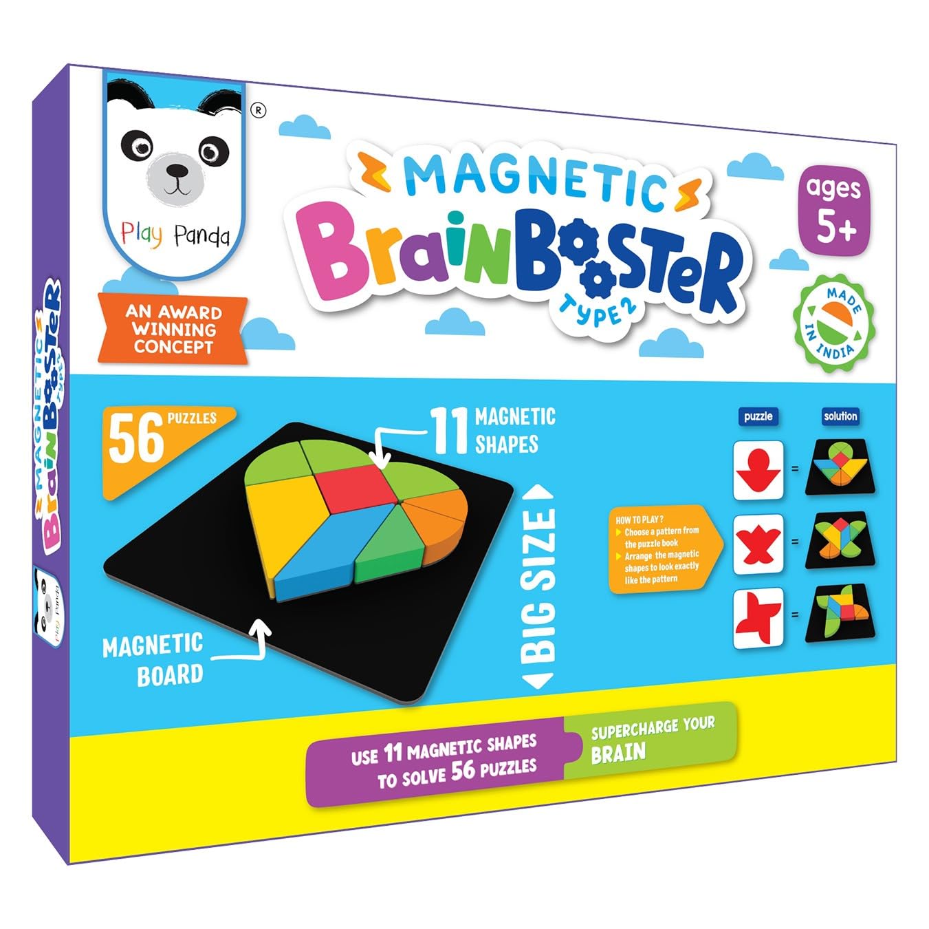 Play Panda Brain Booster Type 2-56 Puzzles Designed to Boost Intelligence - with Magnetic Shapes, Magnetic Board, Puzzle Book and Solution Book