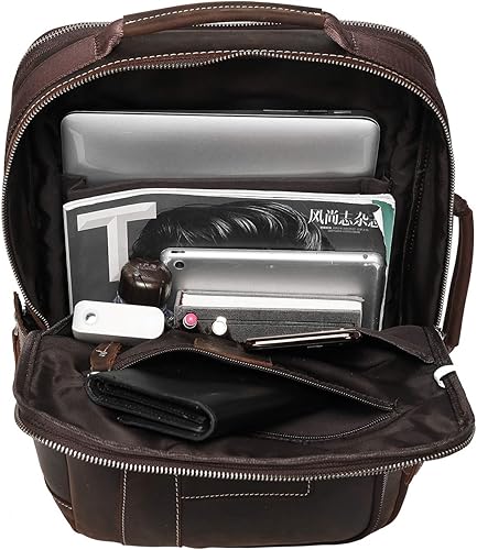 Miniatura 5 de Lannsyne Mochila de cuero de grano completo expandible 15.6 para computadora portátil, bolsa de viaje de hombro marrón, Marrón, L, Portátil