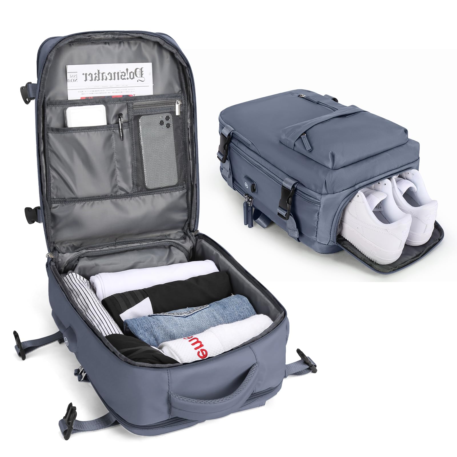 BJLFS Borse da Cabina per Ryanair 40×20×25 Bagaglio a Mano Easyjet 45×36×20 Borsa Zaino da Viaggio, Zaino da trekking,Zaino Casual per laptop da 14 pollici per scuola con porta di USB