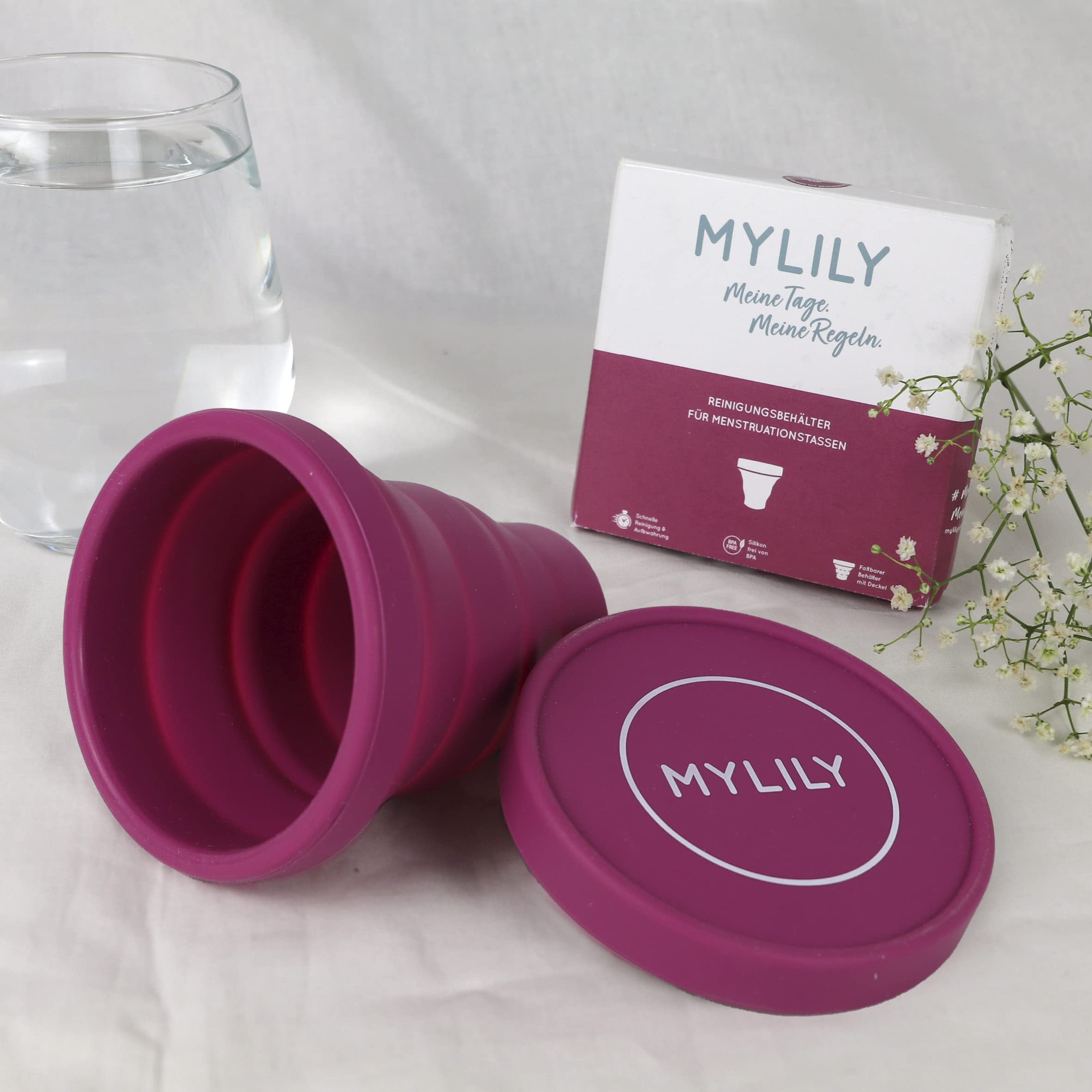 MYLILY® Kubeczki menstruacyjne do czyszczenia i przechowywania | sterylizator do wszystkich rodzajów kubeczków menstruacyjnych | składane etui do mikrofalówki | 100% silikon medyczny