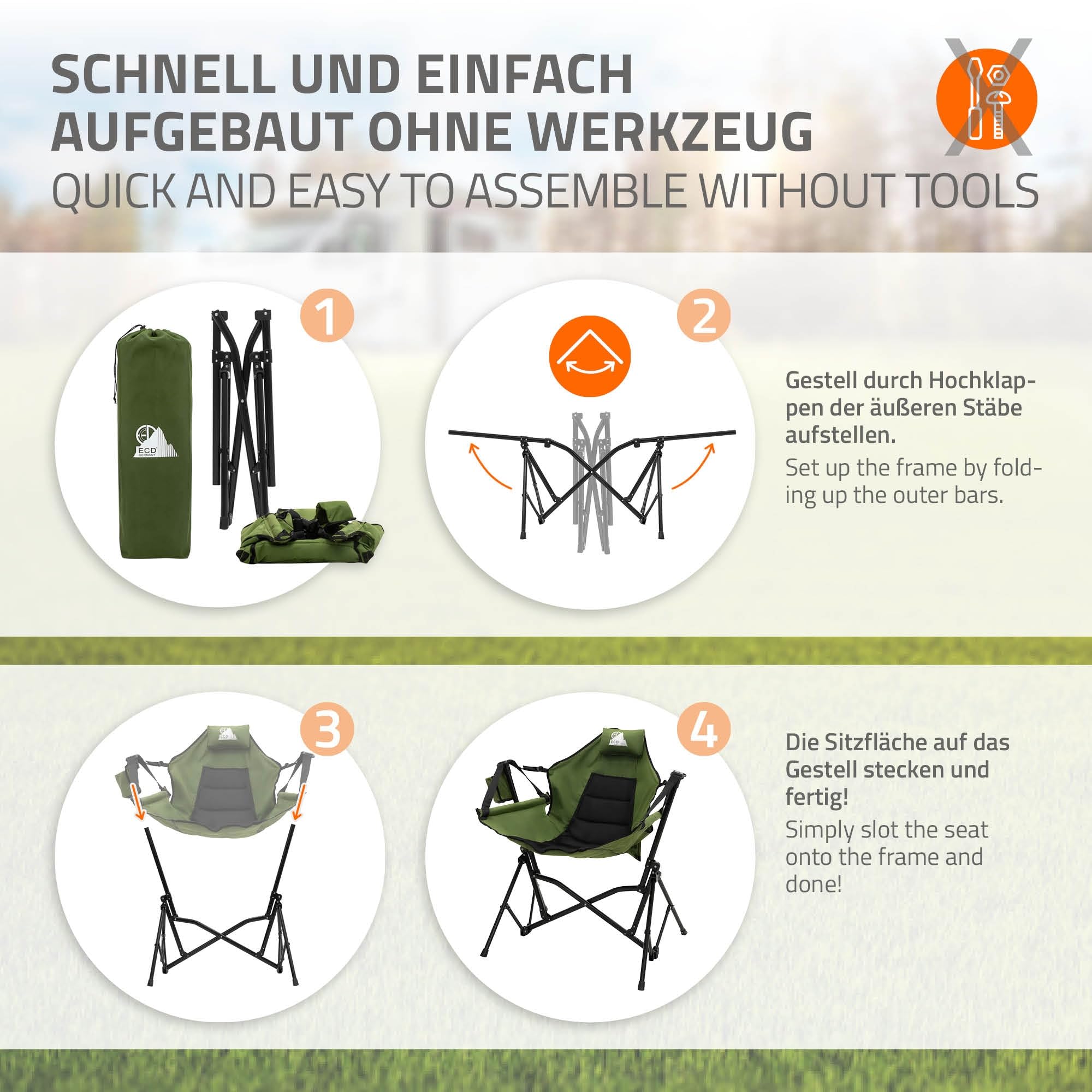 ECD Germany Skladane Krzeslo Campingowe Khaki Krzeslo Wedkarskie Bujany z Metalowa Konstrukcja Regulowane Wysokie Oparcie z Zaglówkiem Uchwyt na Napój Torba Fotel Outdoor na Camping Wedkowanie Ogród
