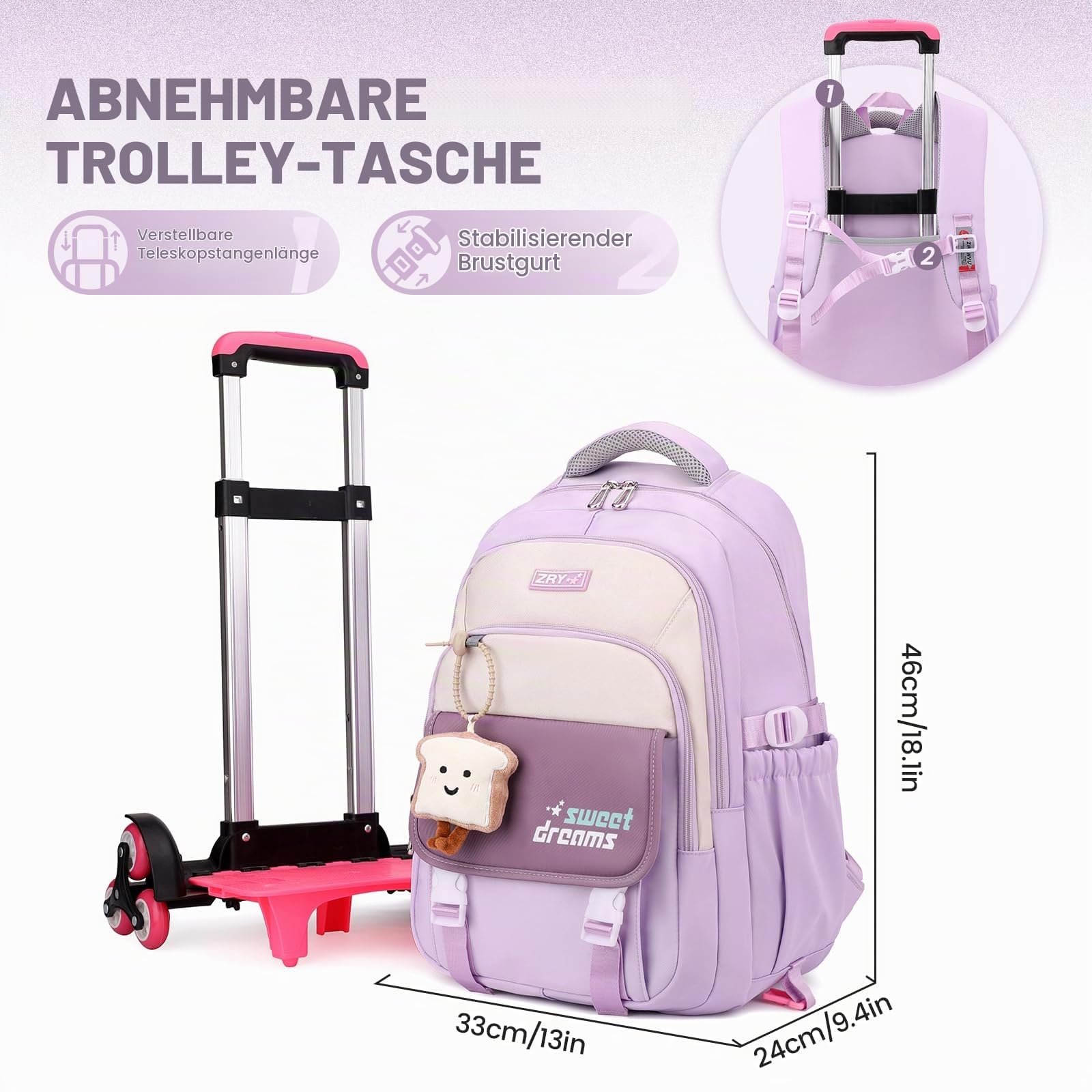Amythe Schulrucksack Trolley für Mädchen, Teenager Rucksack, 36L, Lila