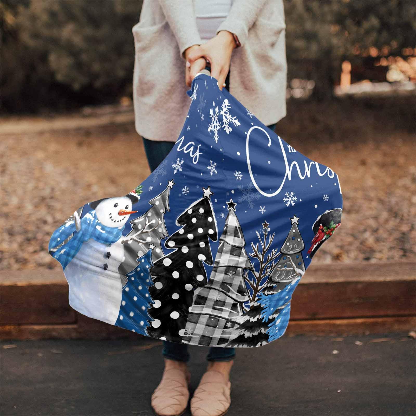 Nursing Cover for Breastfeeding Scarf, Merry Christmas Blue Snowman Gray Xmas Tree Dots Plaid Baby Car Covers Super Soft Multi Use for Canopy Shopping Cart Cover Blanket Stroller Cover