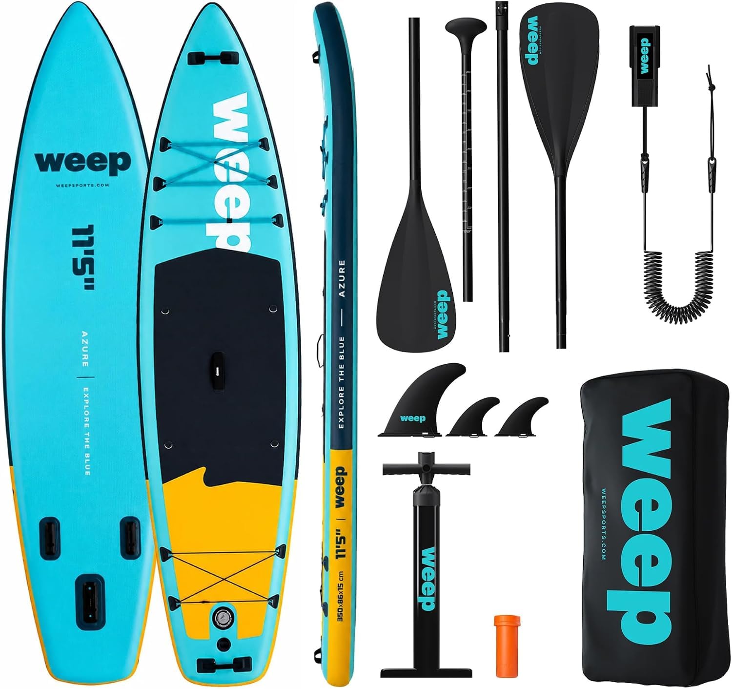 weep Stand Up Padding Board aufblasbar 365cm & 350cm & 320cm, SUP Board - mit 2in1 Aluminium Paddel, Pumpe, Rucksack, Leash, 3 Finnen, stabiles Paddle Board Komplettset - für Touring, Yoga & Freizeit