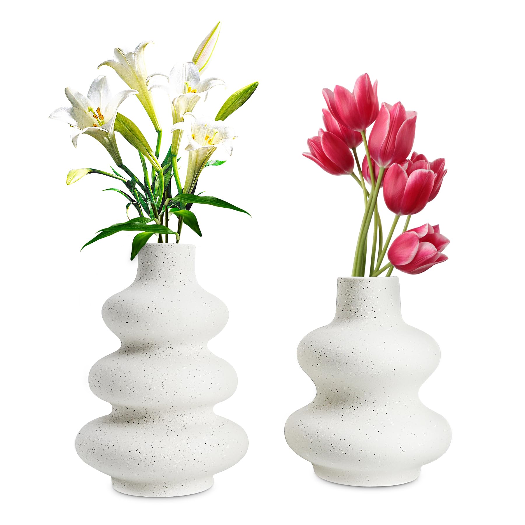 Vazzado Ceramic Vase Set of 2 for Home Decor, Adornite White Round Gritty Sand Texture Vases for Boho Nordic Minimalism Style, Pampas Grass Flower Vases, Art Ornaments S$L