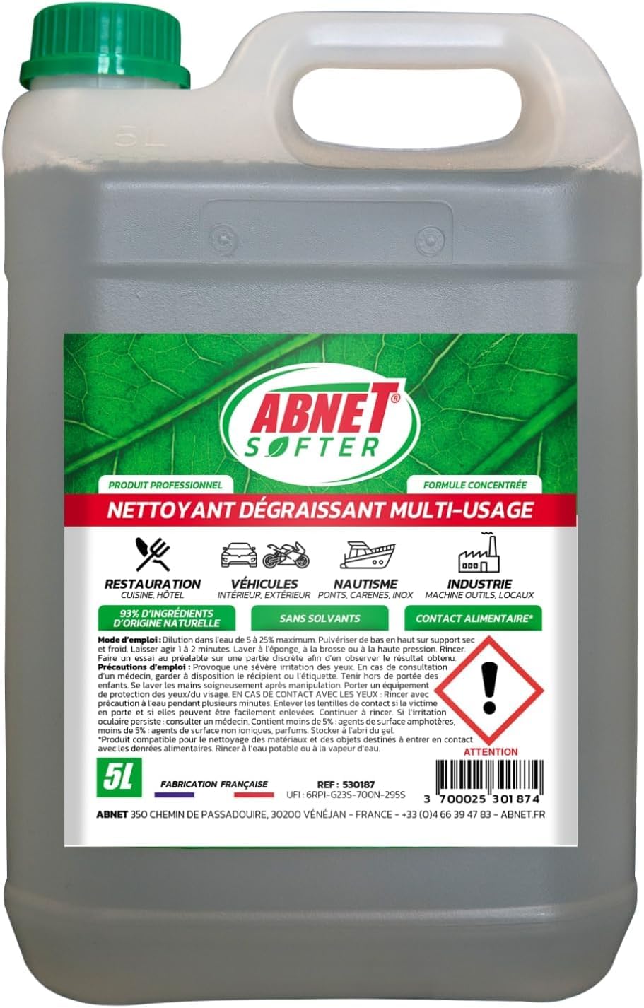 ABNET - Abnet Softer - : Nettoyant multi usages contact alimentaire - 93% d’ingrédients d’origine végétale - 5L