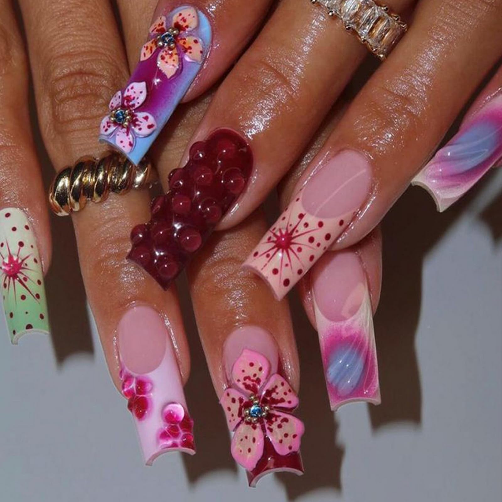 GRITOSE 24Pcs Summer Handmade Press on Nails Long Coffin Acrylic False Nails French Tip 3D Flower Design Reusable Stick on Nails for Women