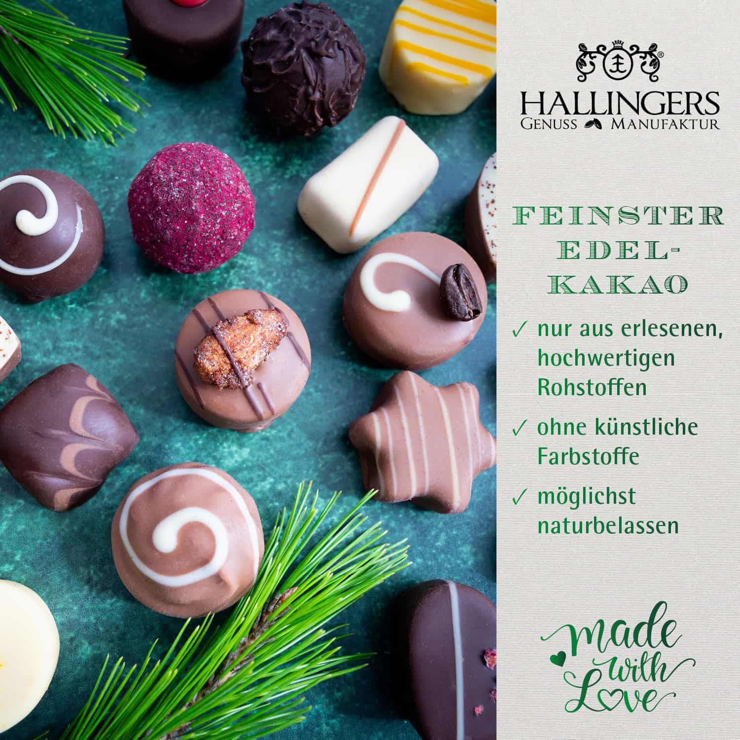 Hallingers Genuss Manufaktur Vegane Pralinen Adventskalender - mit & ohne Alkohol, handmade aus Confiserie-Edelkakao in wertigem Softfeel-Karton "Merry Christmas...", Weihnachtskalender für Frauen