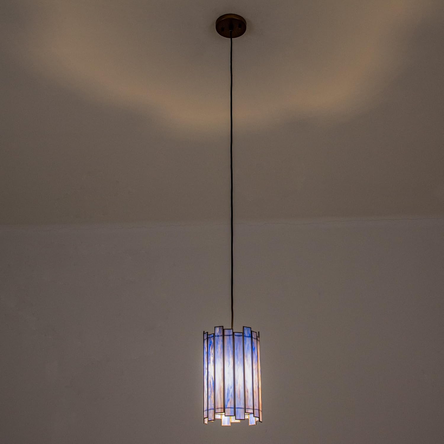 Tiffany Pendant Lighting, 7" Brass Cylindrical Hanging Lamp with Stained Glass for Foyer, Entryway, Bedroom, Dining Room, Stairwell (Deep Blue)