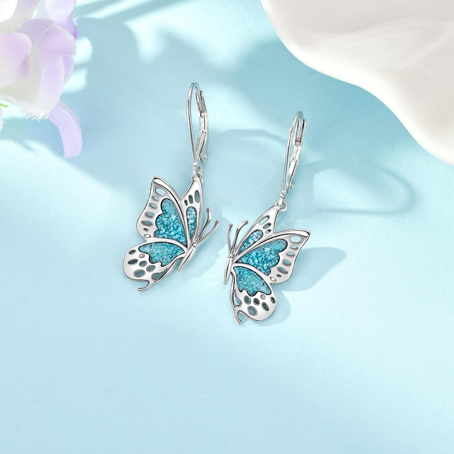 MONGAS Butterfly Earrings Sterling Silver Created Turquoise Drop Dangle Earrings Butterfly Jewelry Gifts for Women - Image 4