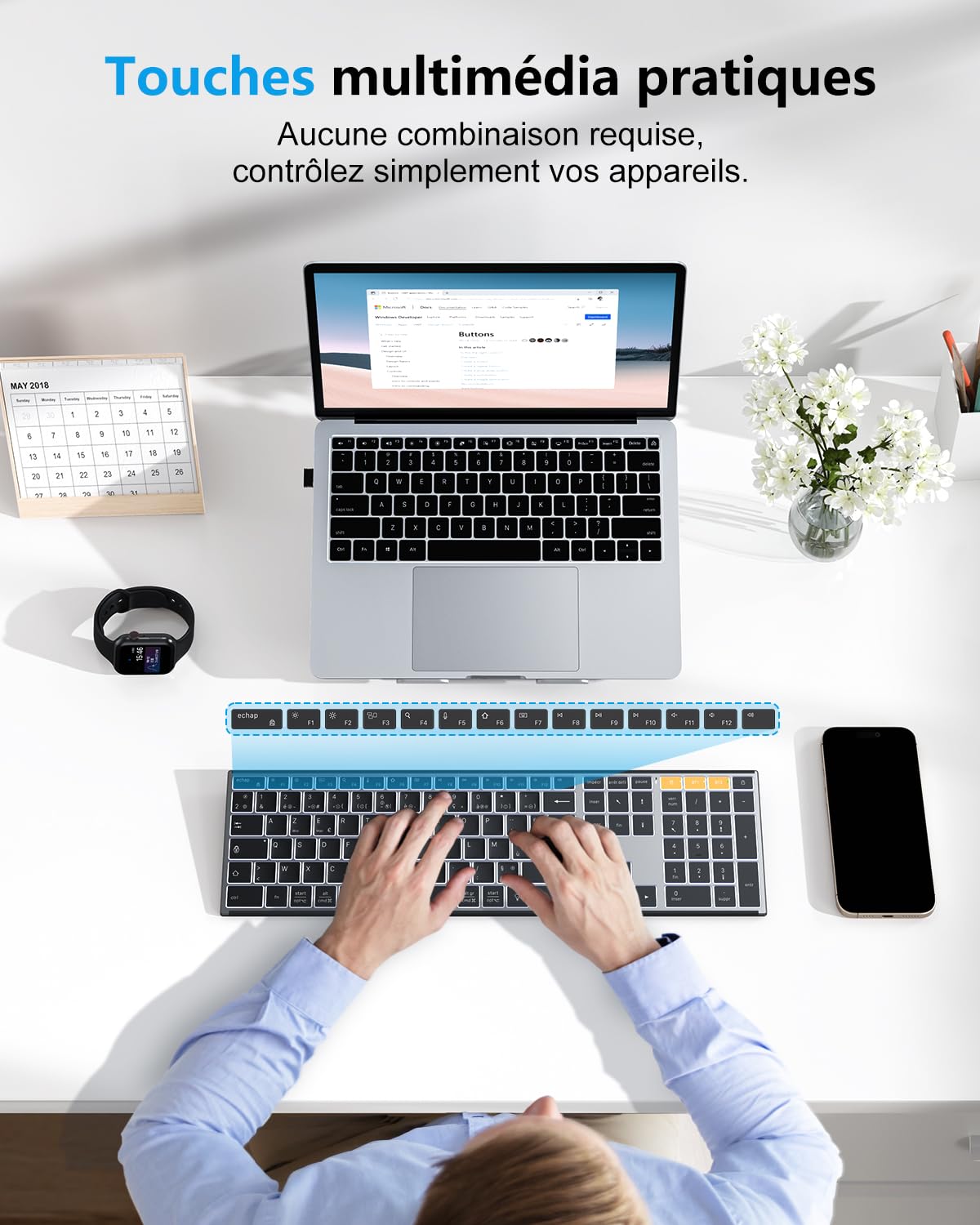 OMOTON Clavier sans Fil Métal, Bluetooth 2.4G Rétroéclairé Clavier, Rechargeable avec 2 Canaux Keyboard à Ciseaux AZERTY Français Ergonomique Silencieux pour PC/Mac/Windows (Noir)