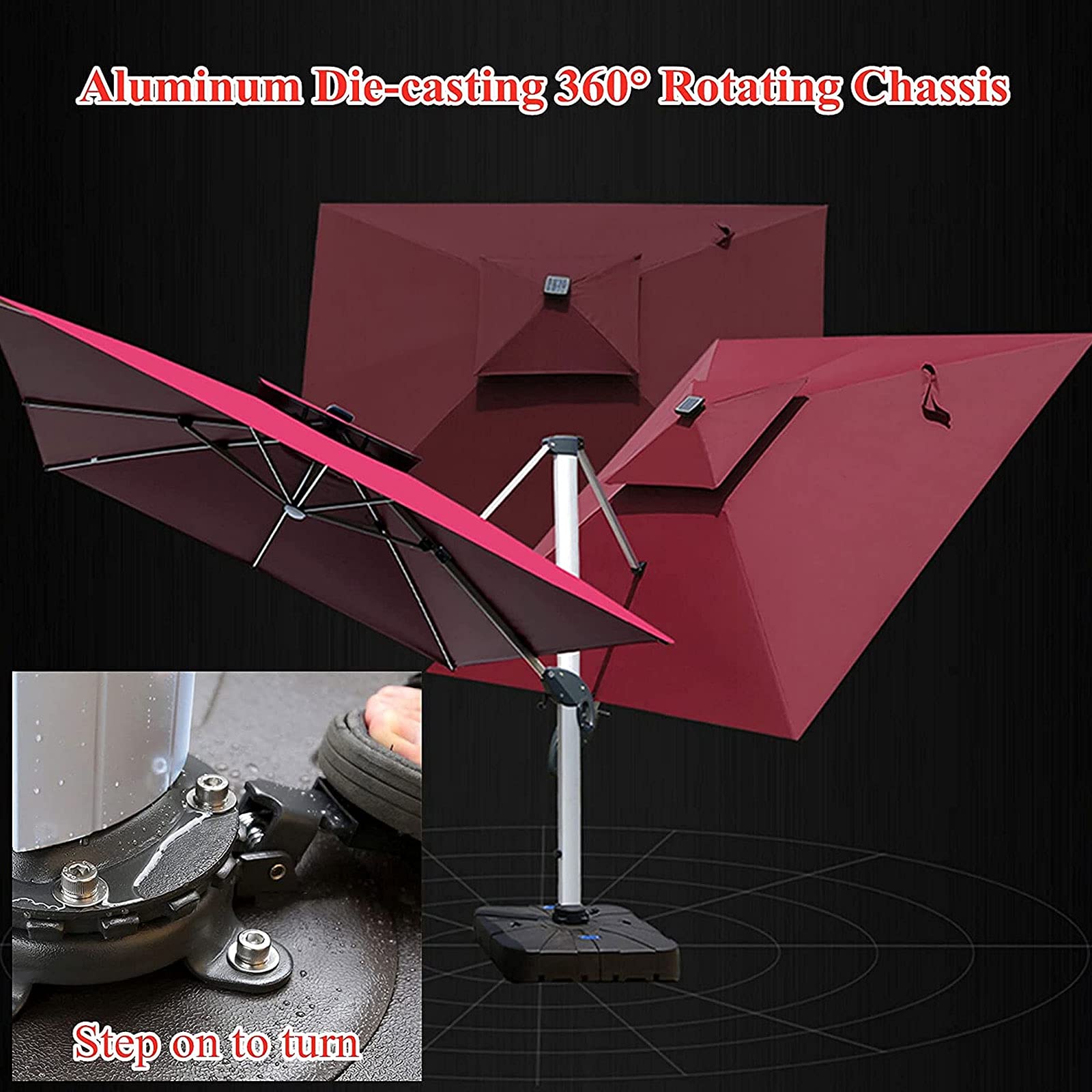 Parasol de Jardin Décentré avec Ampoules LED Alimentées Par L'énergie Solaire, Parasol Déporté en Polyester Imperméable avec Socle, Protection Upf 50+, Manivelle, Jardin, Piscine,Marron,2.5m