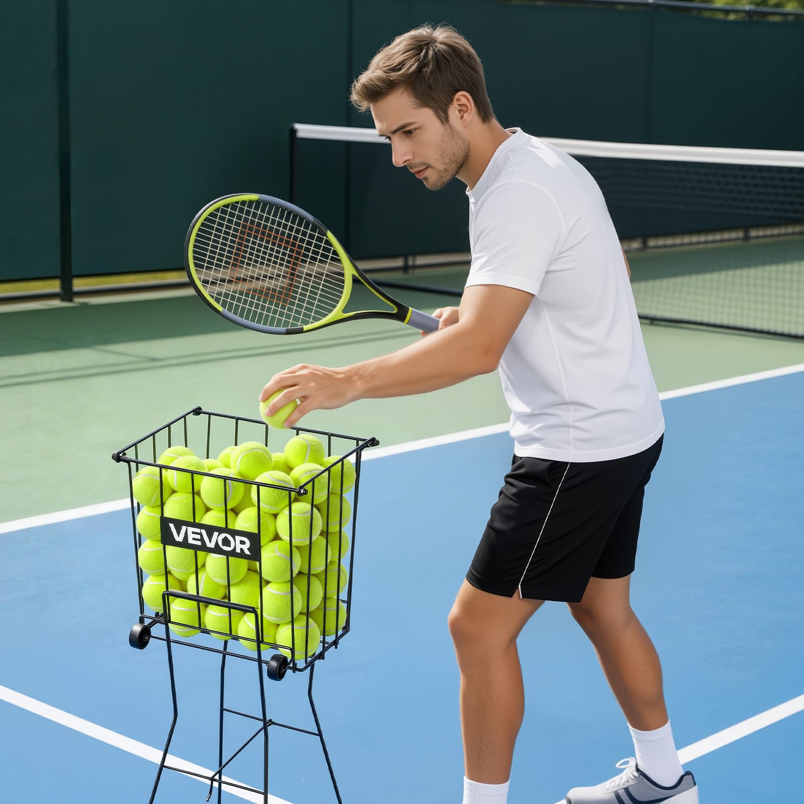 VEVOR Recogepelotas de Tenis con Ruedas y Mango, Capacidad para 75 Pelotas o 52 Pickleball, Cesta Portátil de Tenis con Soporte, Altura Ergonómica, Carro de Acero para Entrenamiento y Almacenamiento