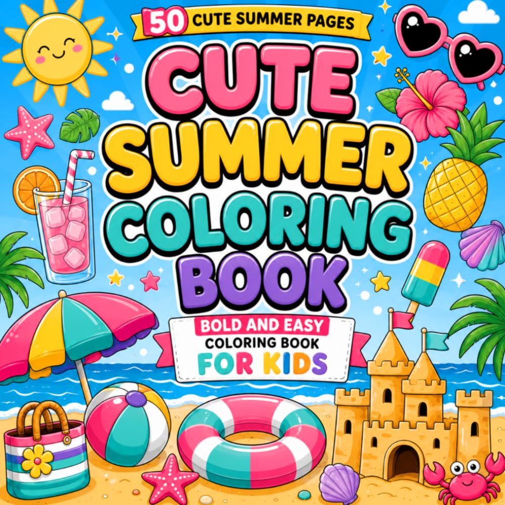 Bold and Easy Coloring Book for Kids: 50 Cute Summer Designs Featuring Beach Fun, Ice Creams, Fruits, Sandcastles, Tropical Adventures and Easy Pages for Boys and Girls of All Ages