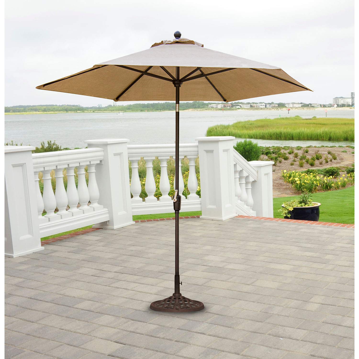 Hanover Traditions Tan 11 Ft. Sling Table Umbrella with Rust-Free Aluminum PVC, Easy-Crank Lever, and Weather-Resistant Fabric
