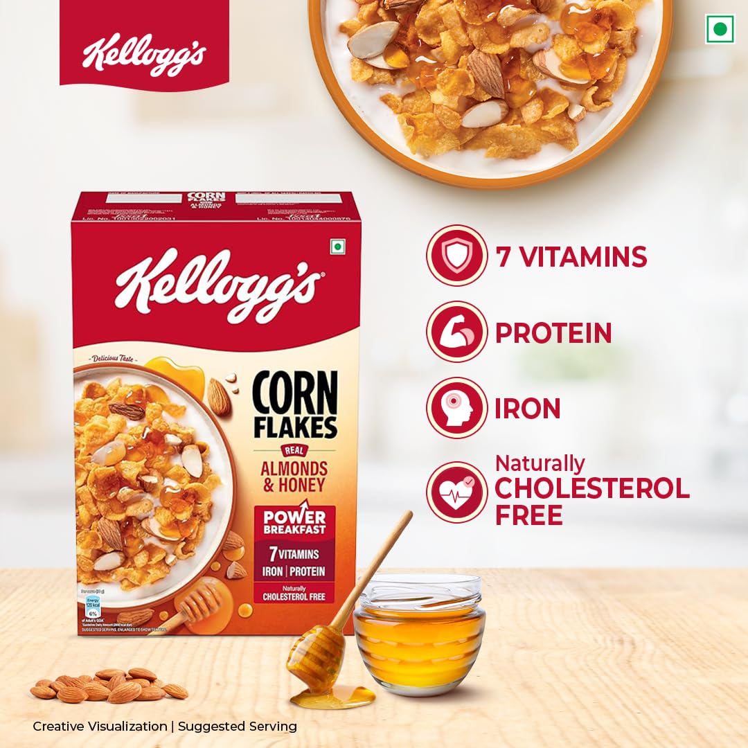 Kellogg's Corn Flakes Real Almond Honey 300g| High in Iron, Vitamin B1, B2, B3, B6 & C | Naturally Cholesterol Free | Corn Flakes, Breakfast Cereal 3