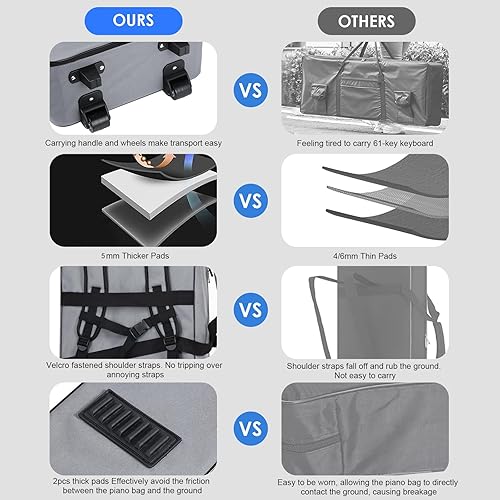 Miniatura 5 de Funda para teclado de 61 teclas con ruedas (tamaño interior 40.5 x 16.5 x 5.5 pulgadas)  61 teclas Keybpard Funda acolchada gruesa  Bolsa con ruedas