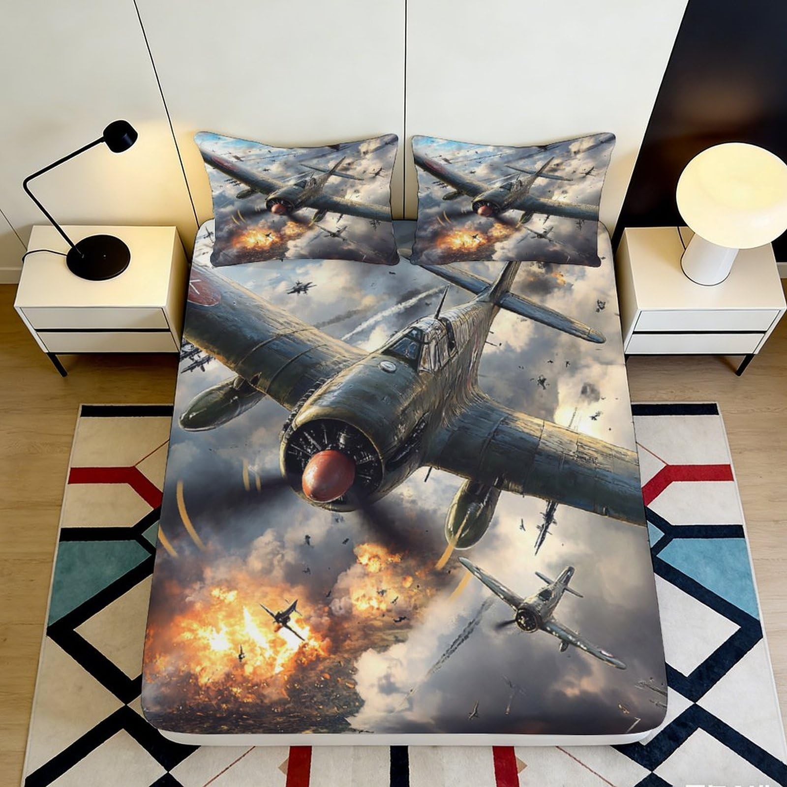 3D Printed Fighter Aircraft Fitted Sheet Microfiber Soft Breathable Warplane Mattress Cover for Bedroom Dorm Decor 90x200x25cm