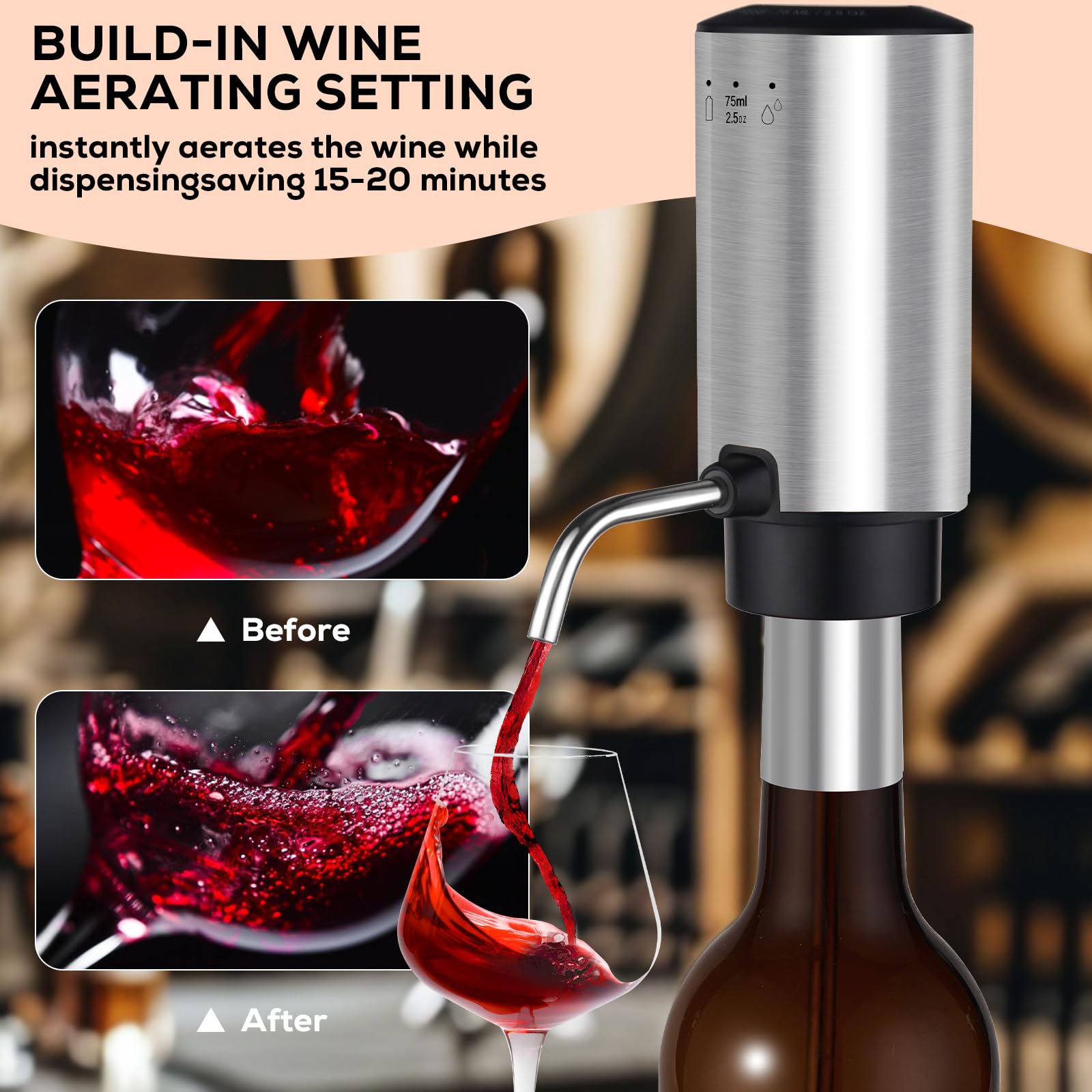 BLUBYEES Aérateur de vin électrique 3 en 1 automatique - Décanteur et distributeur de vin - Bec verseur rechargeable par USB avec contrôle précis du versement - Cadeau pour les amateurs de vin pour
