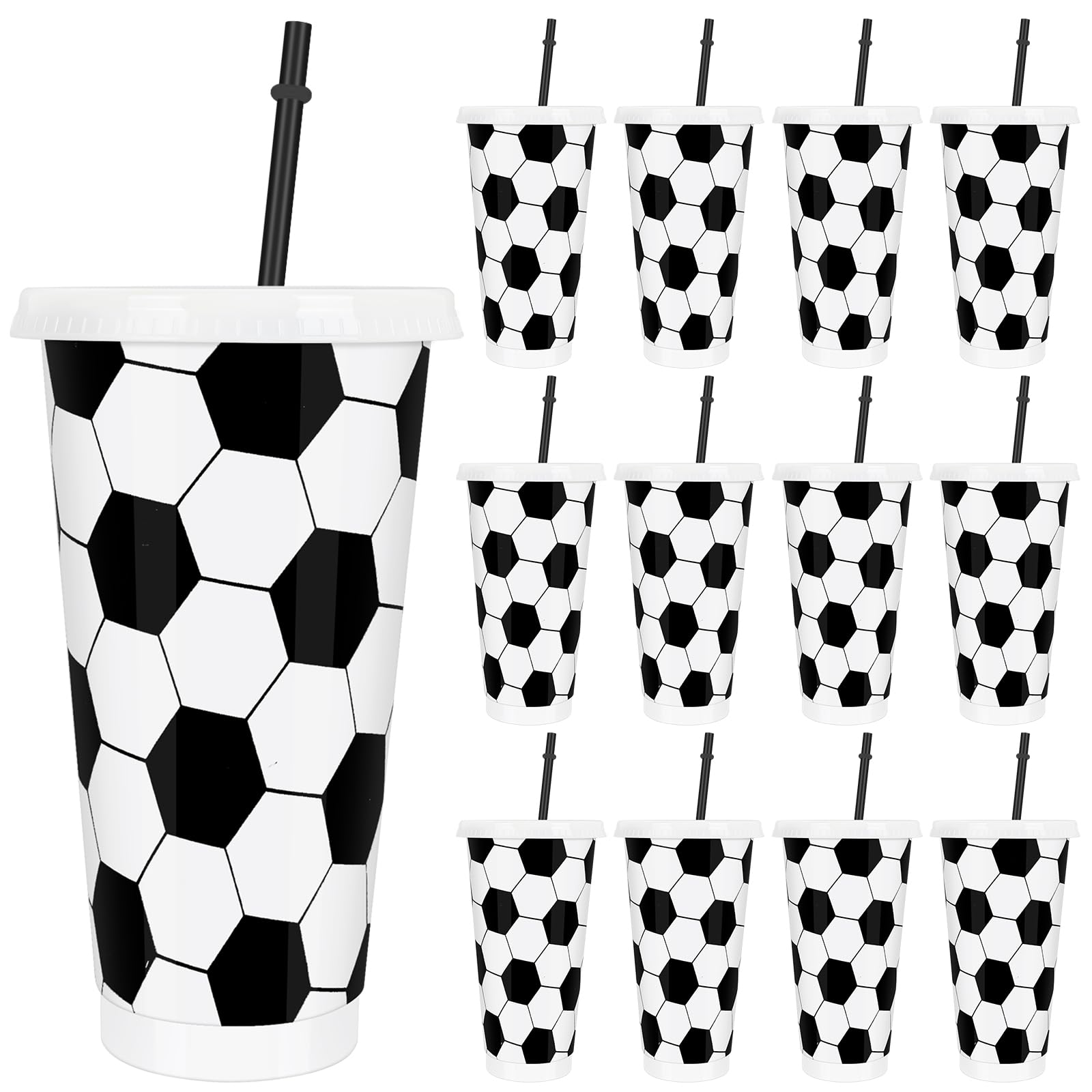 FYSUIMU 12 Pcs Soccer Party Cups with Lids Straws Sports Ball Plastic Tumblers Black White Birthday Reusable Water Bottle for Iced Coffee Drinks