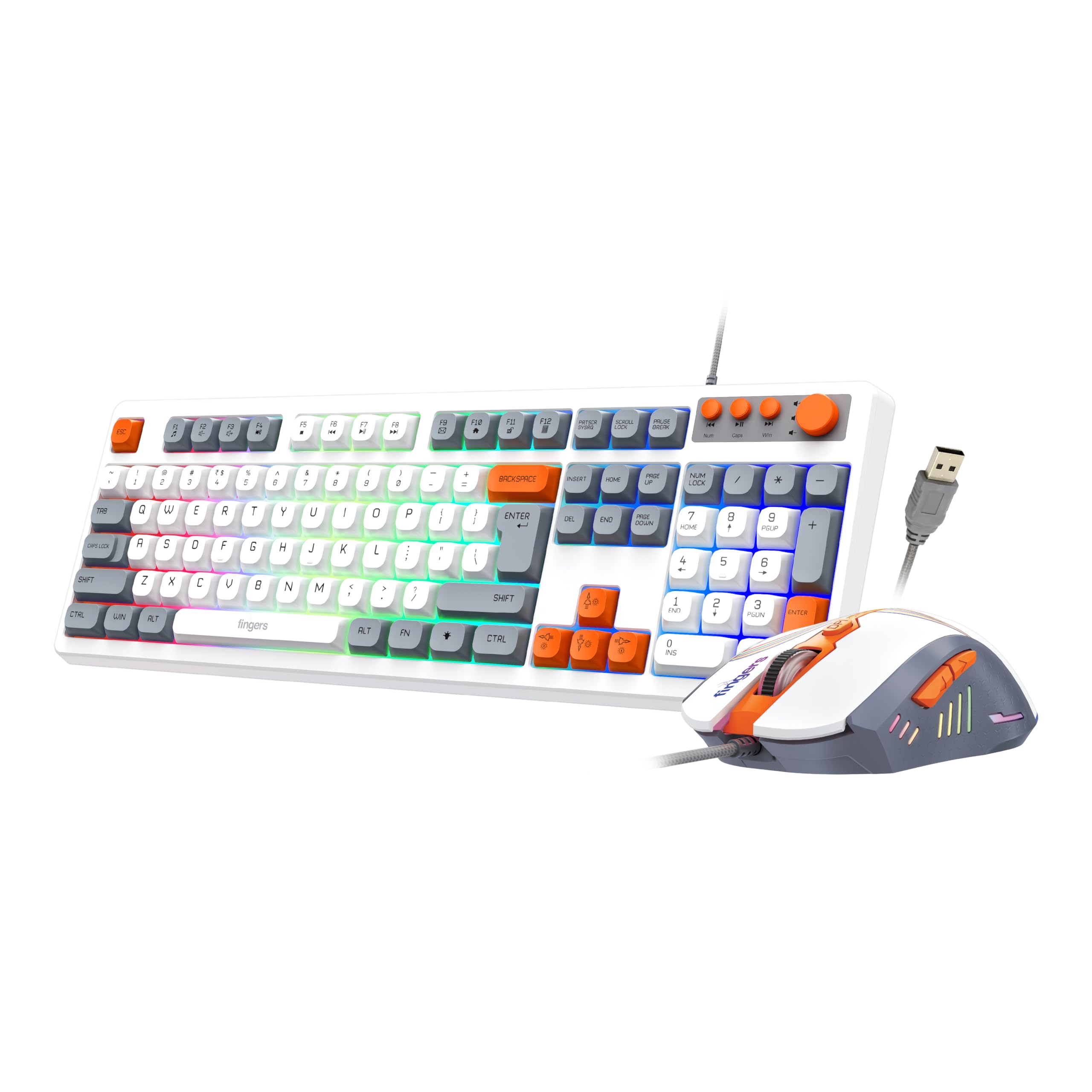 FINGERS CubikCombo Wired Keyboard & Mouse Combo (ARGB Backlit Keys, Volume Control Knob, 7200 DPI RGB Mouse, Rugged Build, Plug & Play, Braided Cable), Classic White + Orange-Grey Accents-image-39