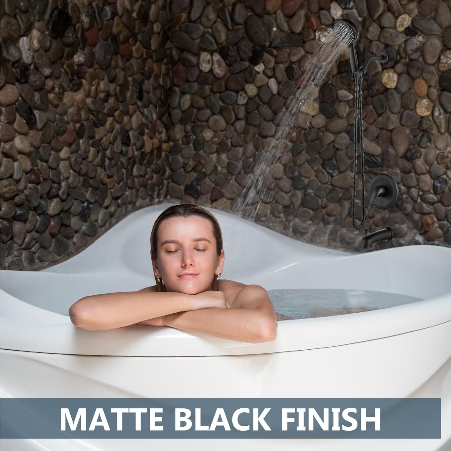 Aolemi Shower Faucet Set with Tub Spout Rain Shower Head System Shower Trim Kit Pressure Rough-in Valve Included ABS 8 Setting Single Handheld Spray Matte Black - Image 9