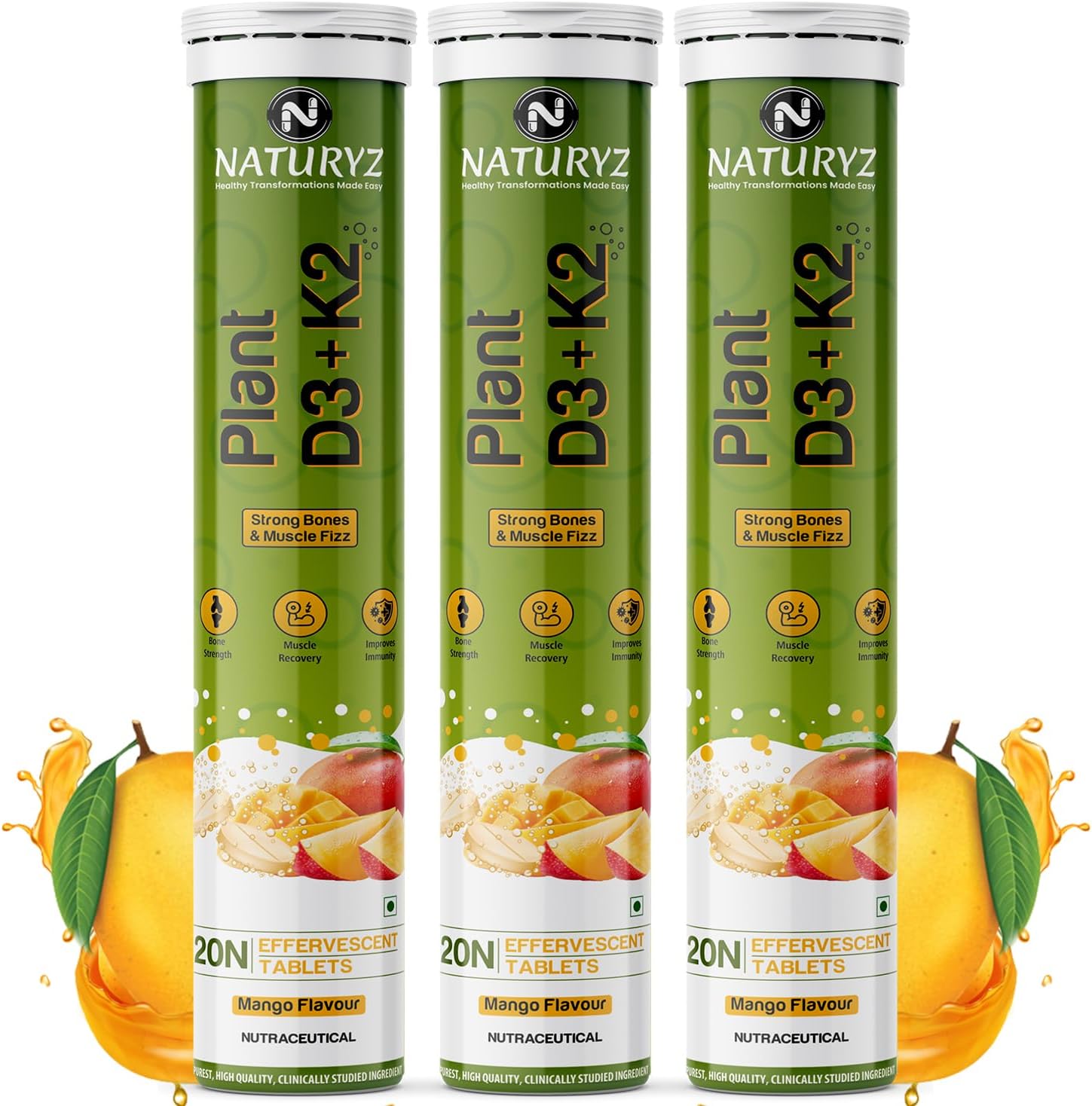 Naturyz 100% Plant Vitamin D3 K2 | Veg Vitamin D3 Supplement Lichen Source with Vitamin K2 MK7 Menaquinone | Supports Stronger Immunity | Bone & Heart Health for Men & Women (Mango Flavour)-60 Tablets