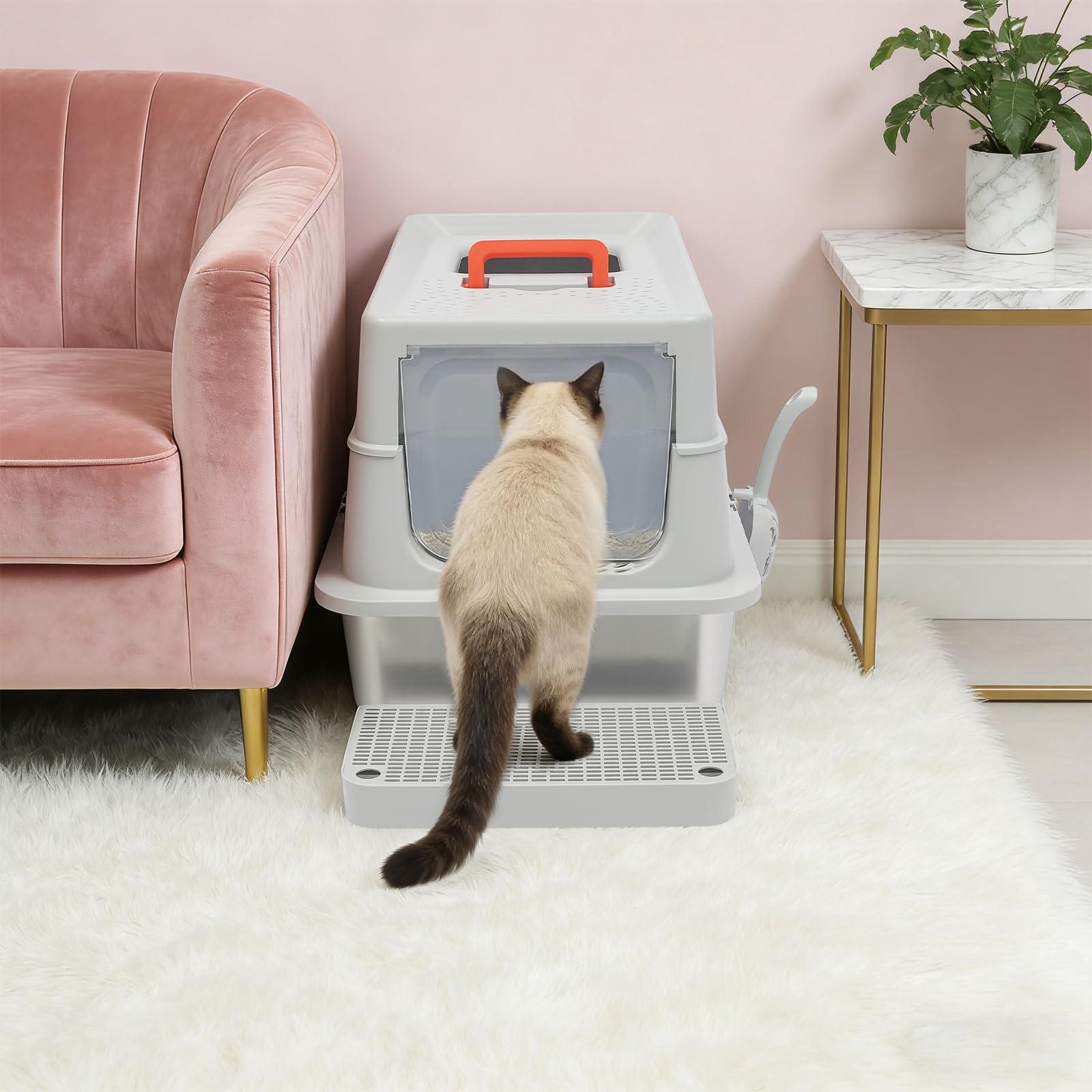 Lettiera da viaggio per gatti con coperchio, design 2 in 1 | Lettiera per gatti in acciaio inox con manico portatile, pedale paraspruzzi e paletta, lettiera portatile per gatti di grandi