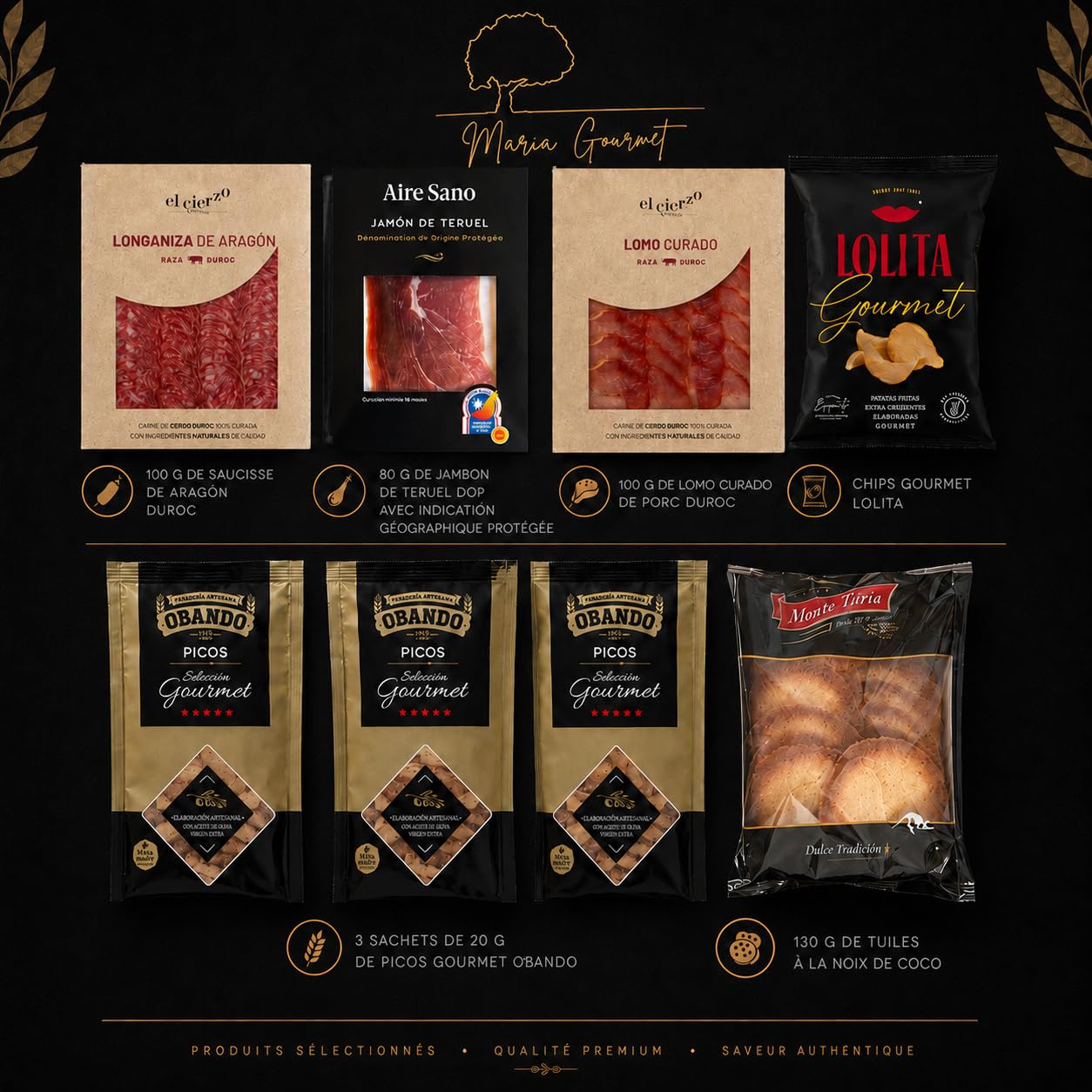 MARIA GOURMET - Panier Gourmand a Offrir Coffret Gourmand Charcuterie Espagnole Gourmet – Jambon de Teruel AOP - Lomo Duroc - Saucisson Longaniza d’Aragon - Tuiles à la noix de coco et chips - Box1